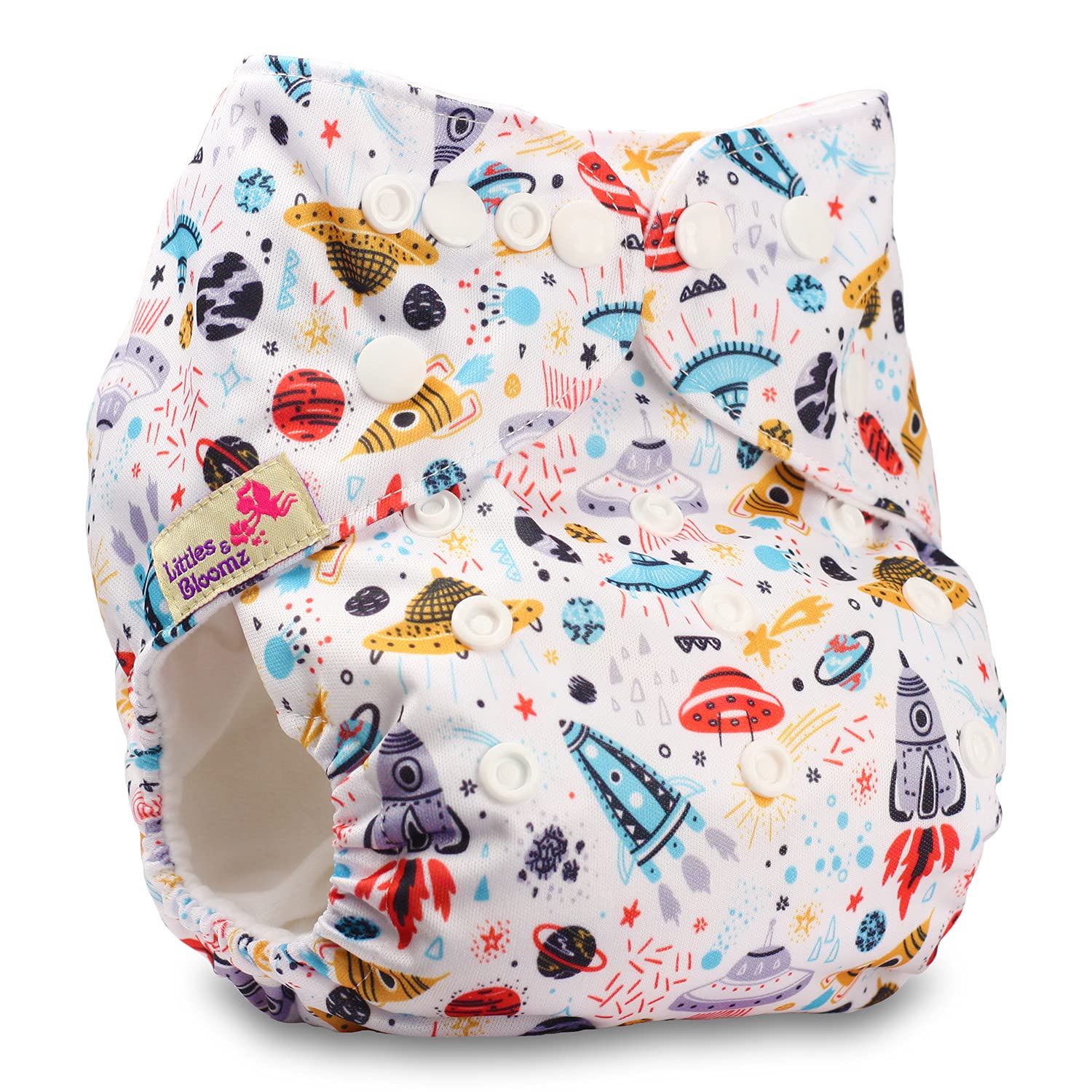 Littles & Bloomz, Reusable Pocket Cloth Nappy, Fastener: Popper, Set of 1, Pattern 11, with 1 Bamboo Charcoal Insert