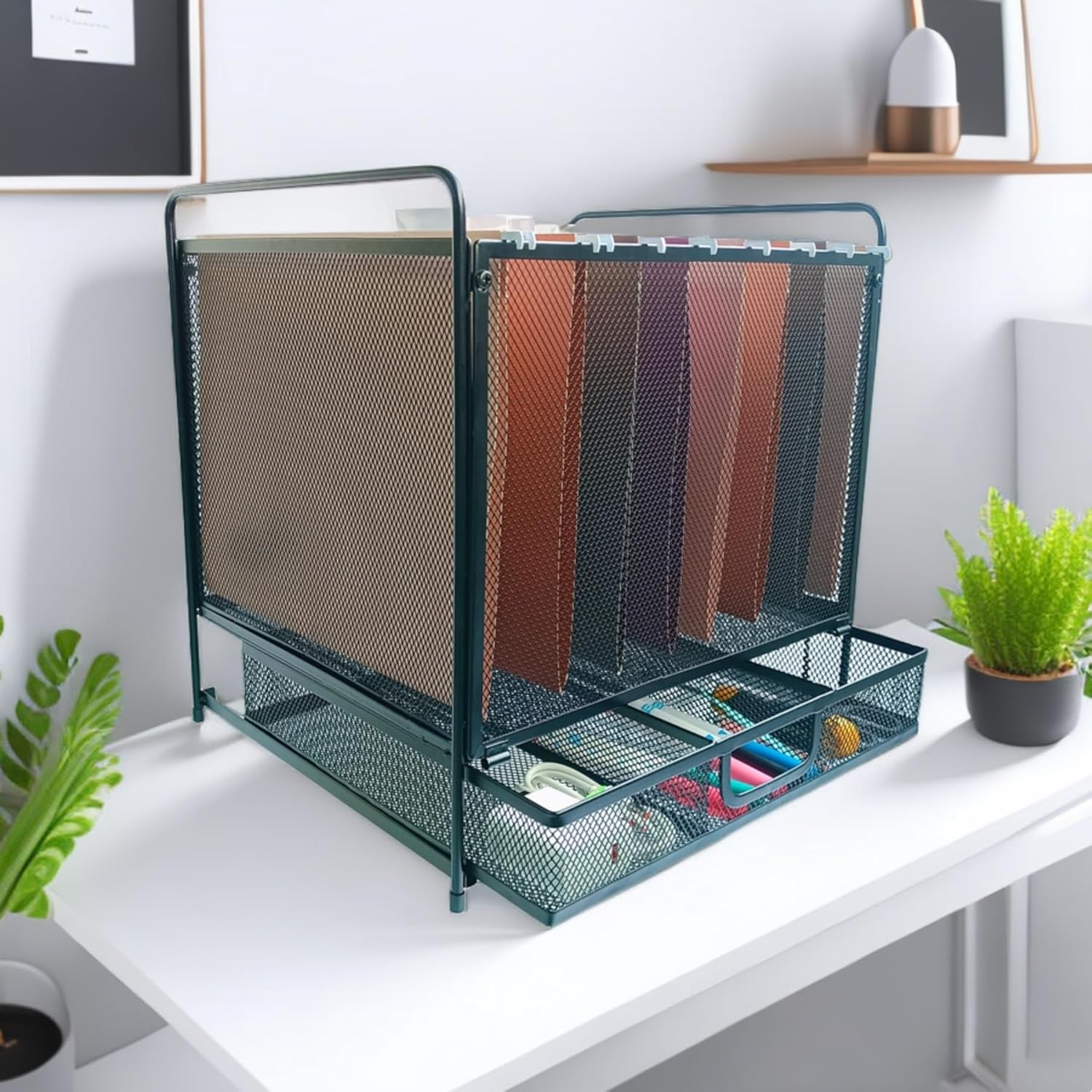 Mesh Desktop Hanging File Organizer with Drawer,Office Supplies and Home Filing Organizer,Letter Size,Black