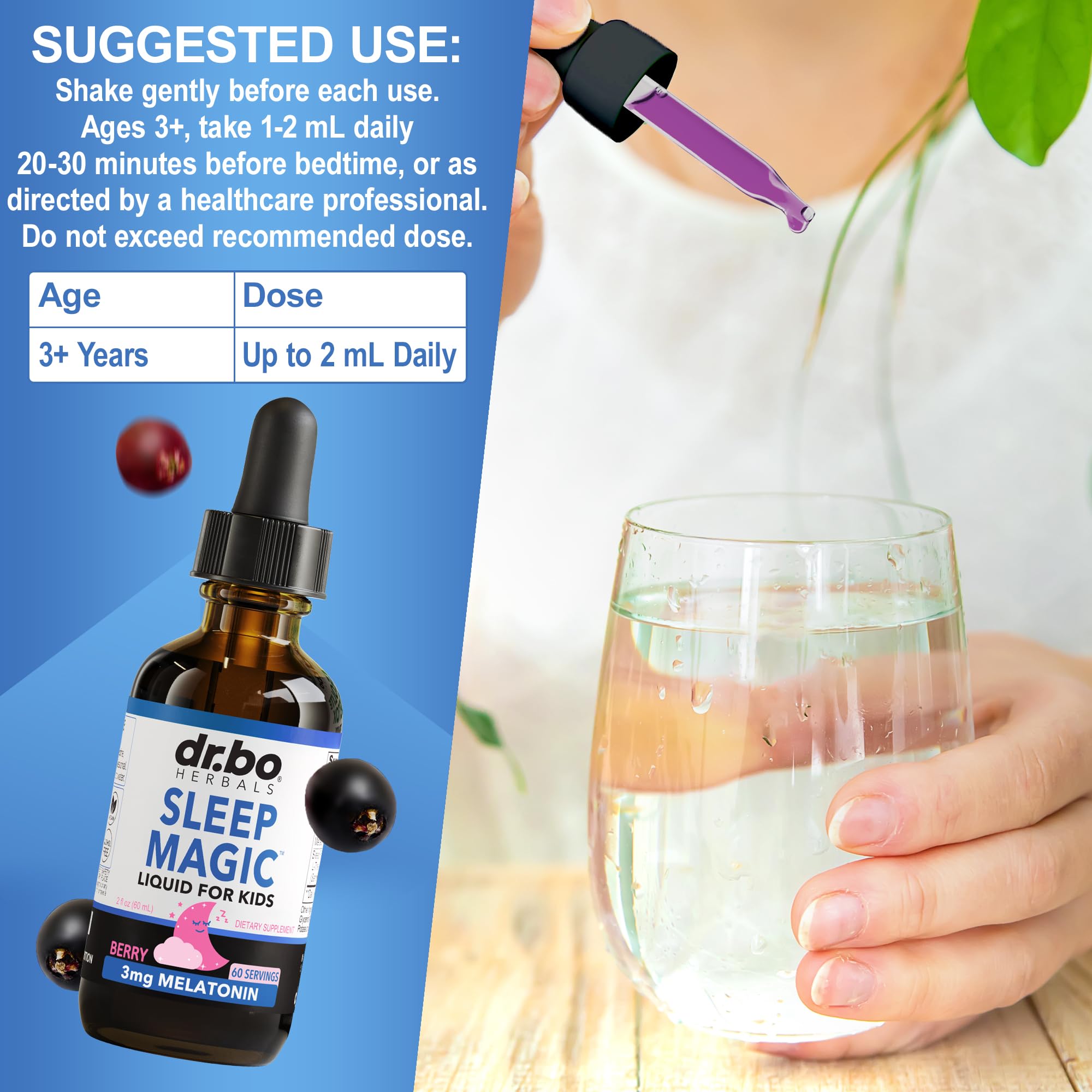 Liquid Melatonin Kids Sleep Aid - Sleep Magic Kids Melatonin Liquid 3mg Berry Drops, D3, L Theanine - Children's Sleeping Aids, Natural Calm L-Theanine Supplement, Toddler Travel Essentials 2 Fl Oz — Amazon image 7