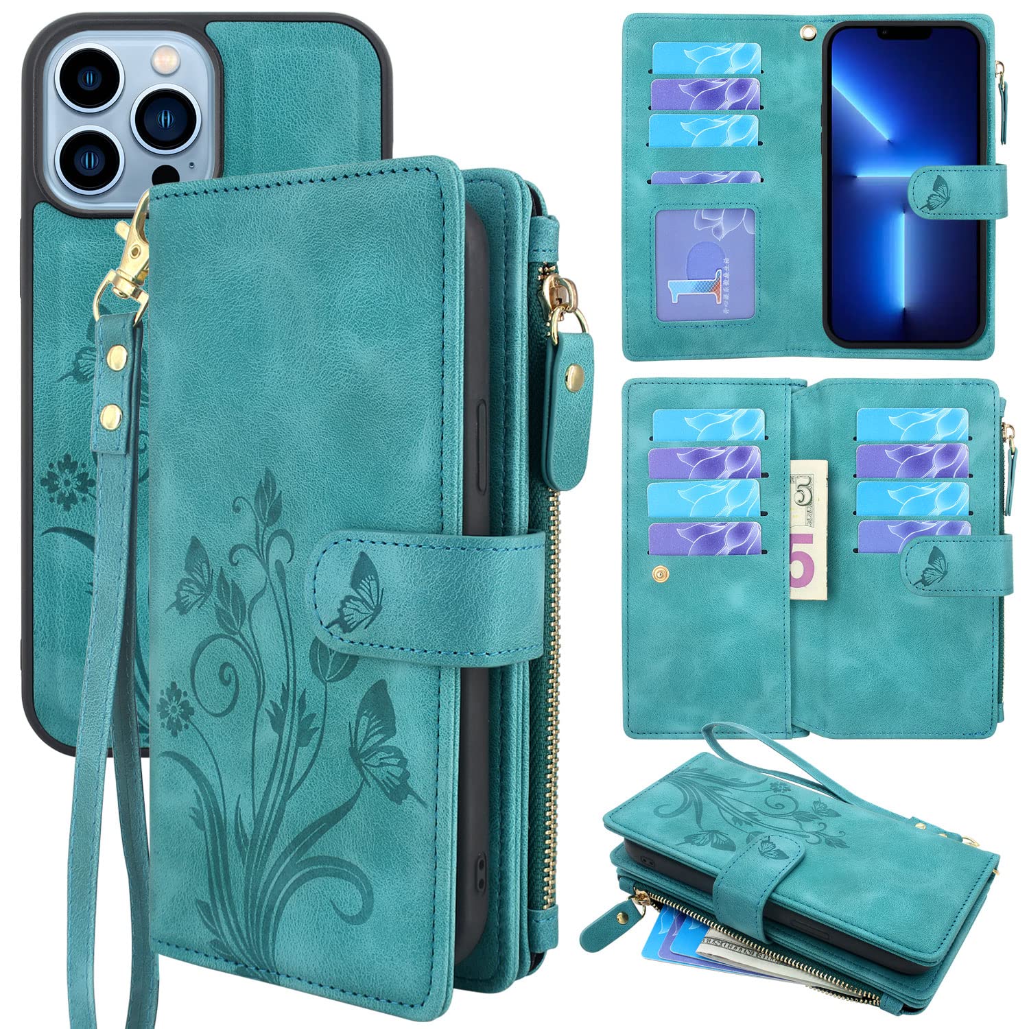 Lacass Compatible with iPhone 13 Pro Max 6.7 inch 2021 Case [Card Slots] ID Credit Cash Holder Zipper Pocket Detachable Magnet Leather Wallet Cover Wrist Strap Lanyard(Floral Blue Green)