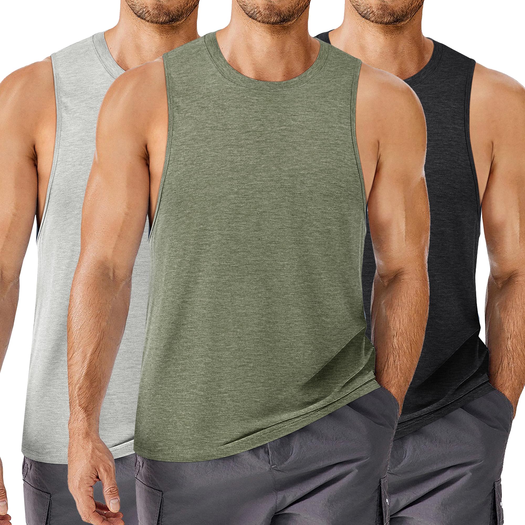 PINSPARK Men's 3 Pack Workout Tank Tops Quick Dry Sleeveless Muscle Tee Gym Bodybuilding Fitness Shirts for Men
