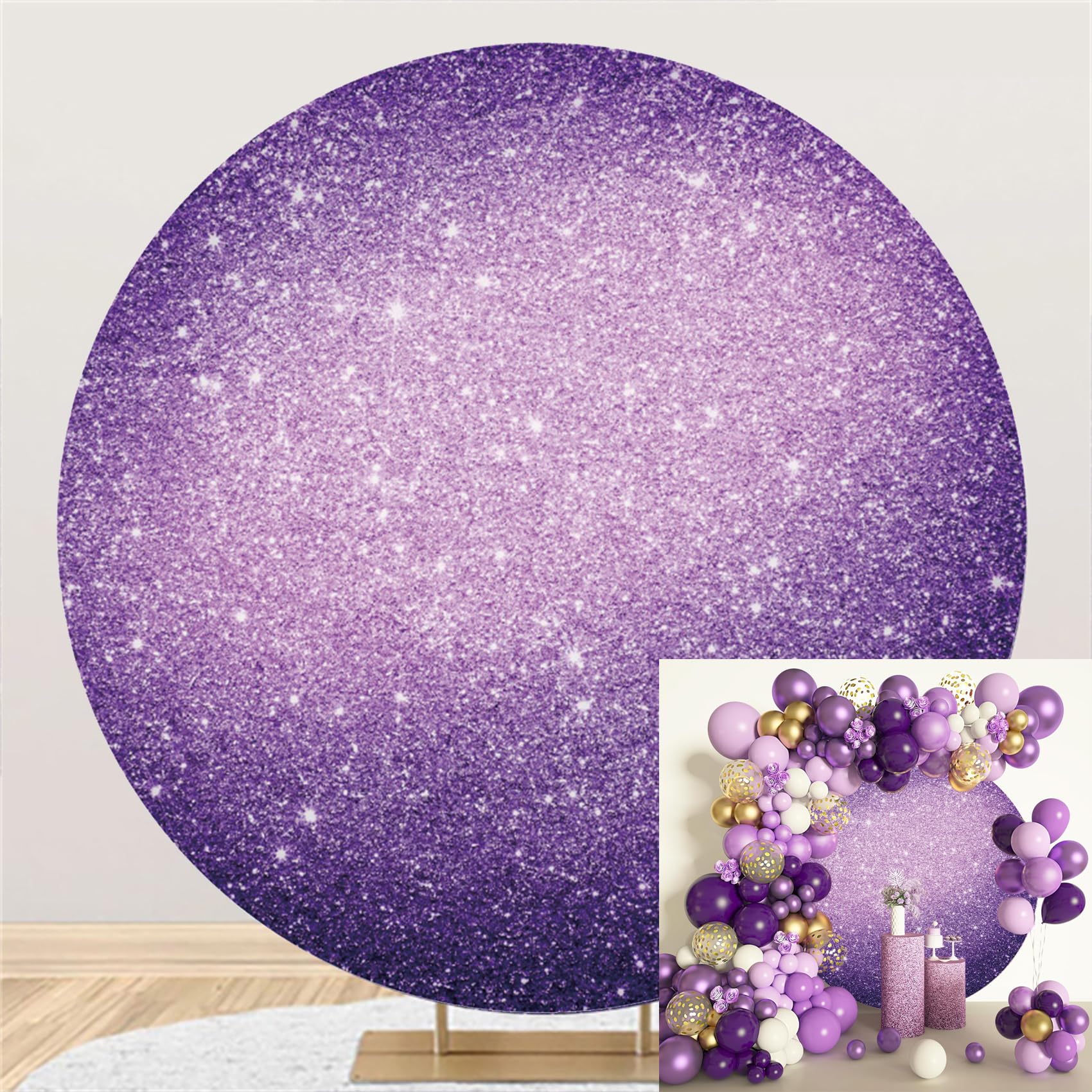 Laeacco 7.2x7.2ft Glitter Printed Gradient Purple Round Backdrop Violet Purple Not Shimmering Round Backdrop Cover for Wedding Bridal Shower Baby