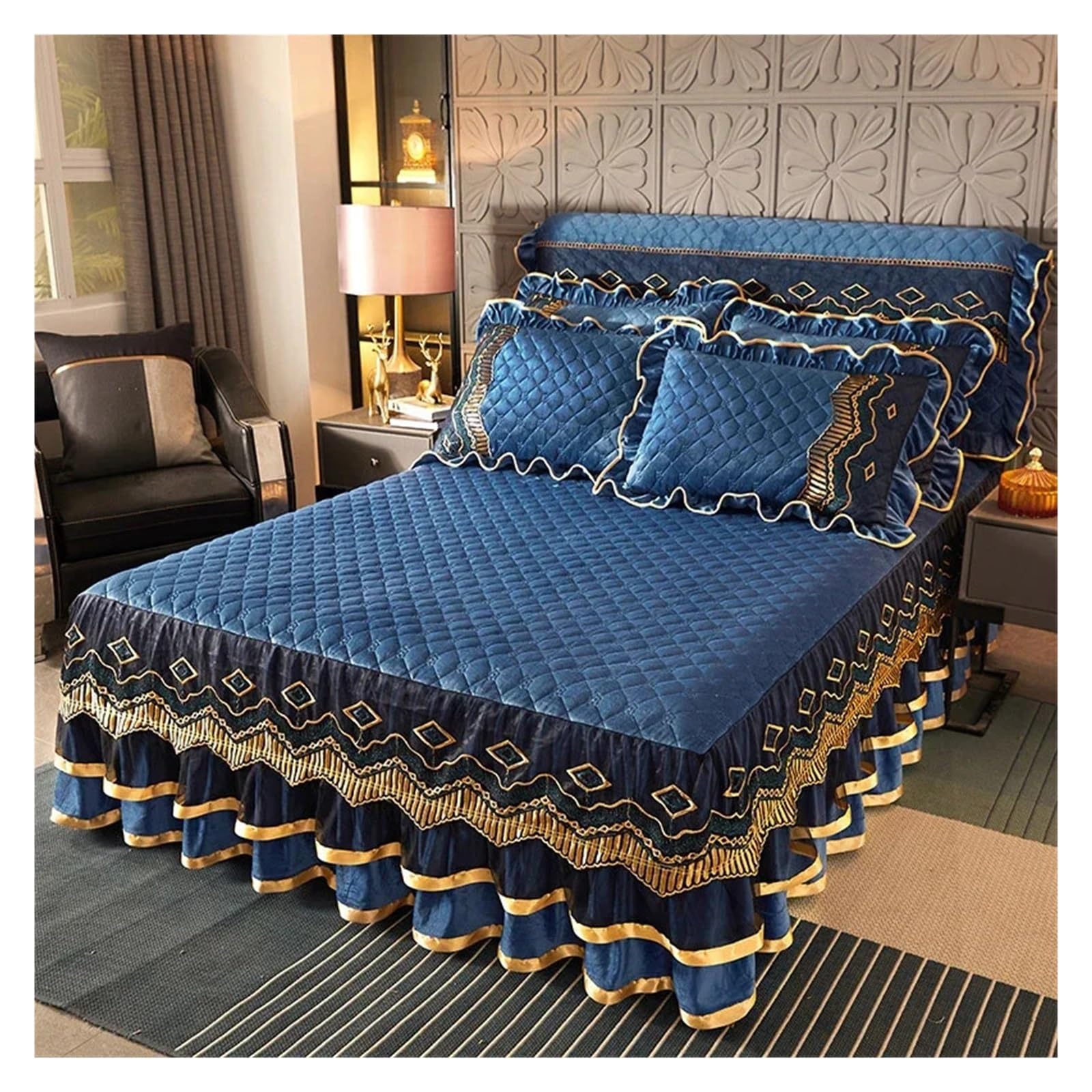 Gonna letto con balza Copriletto Gonna da letto trapuntata in velluto di cristallo invernale, federa esclusa(Color1,1pc Skirt 200x220cm)