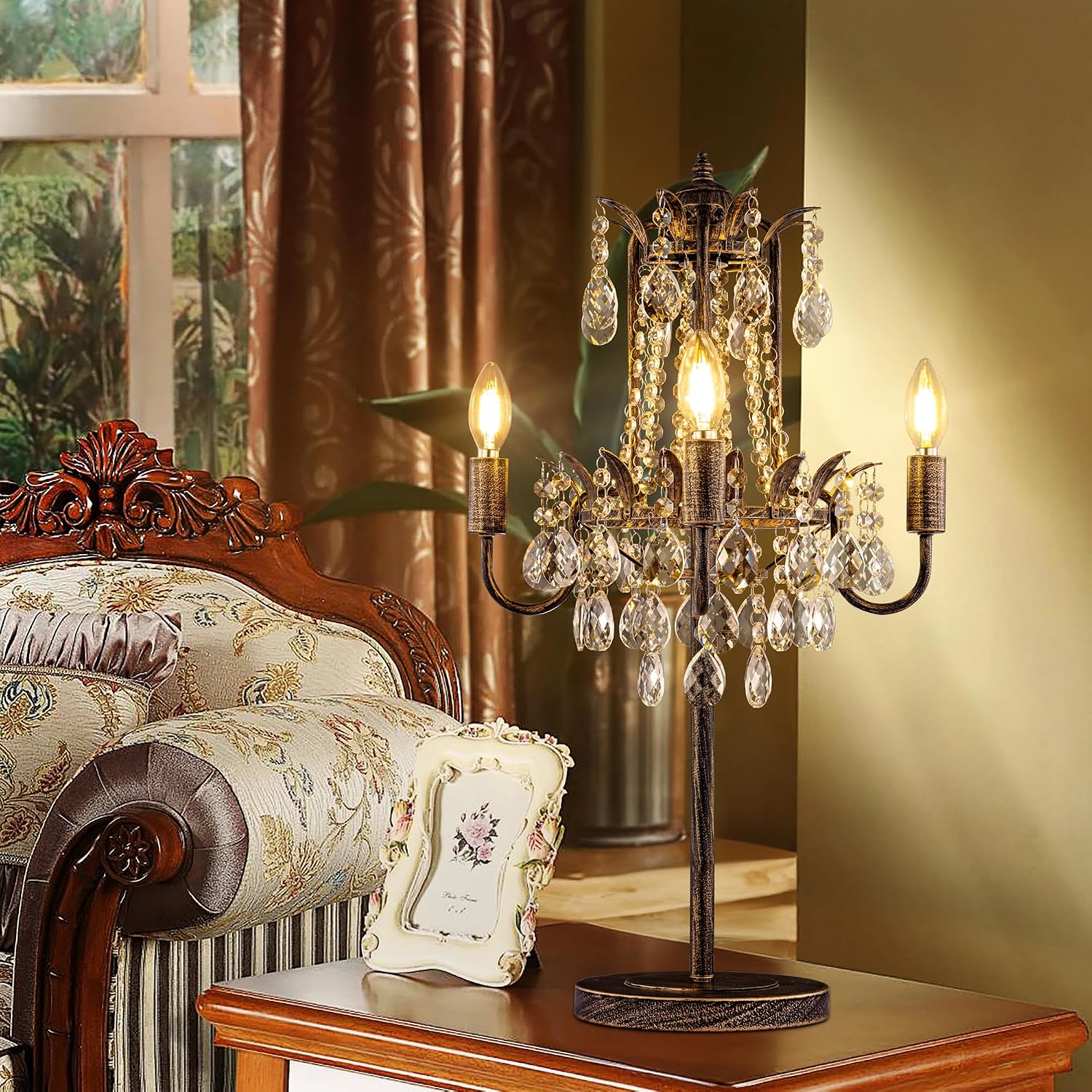 TOCHIC 27" Crystal Table Lamp for Living Room, 4 Lights Vintage Bedside Lamps for Night Stands, Antique Bronze Desk Lamps for Home Office Bedroom Dining Room Foyer Entryway Staircase Kids Room