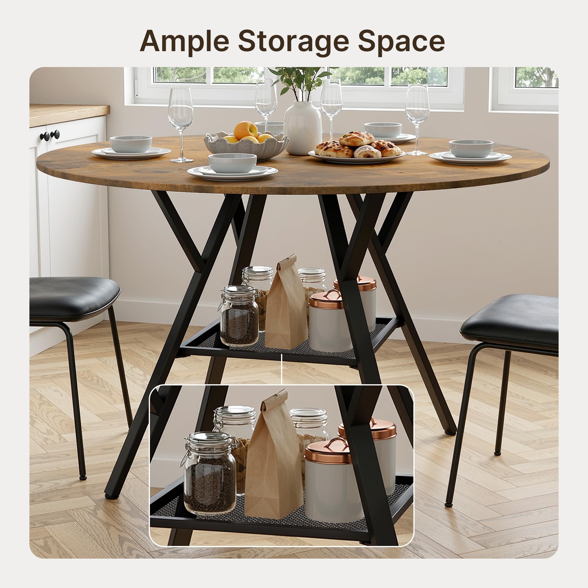 Runder Esstisch 120 cm, Esszimmertisch Holz für 4–6 Personen, mit Ablage und stabilem Metallgestell, platzsparender Küchentisch im Industrial Design für Esszimmer Küche Wohnzimmer, Retro