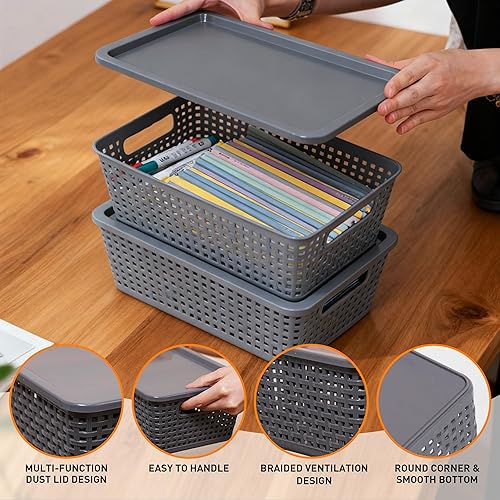Miniatura 4 de Cestas de almacenamiento de plástico con tapa, contenedores de almacenamiento para organizar, contenedores decorativos apilables para estantes,