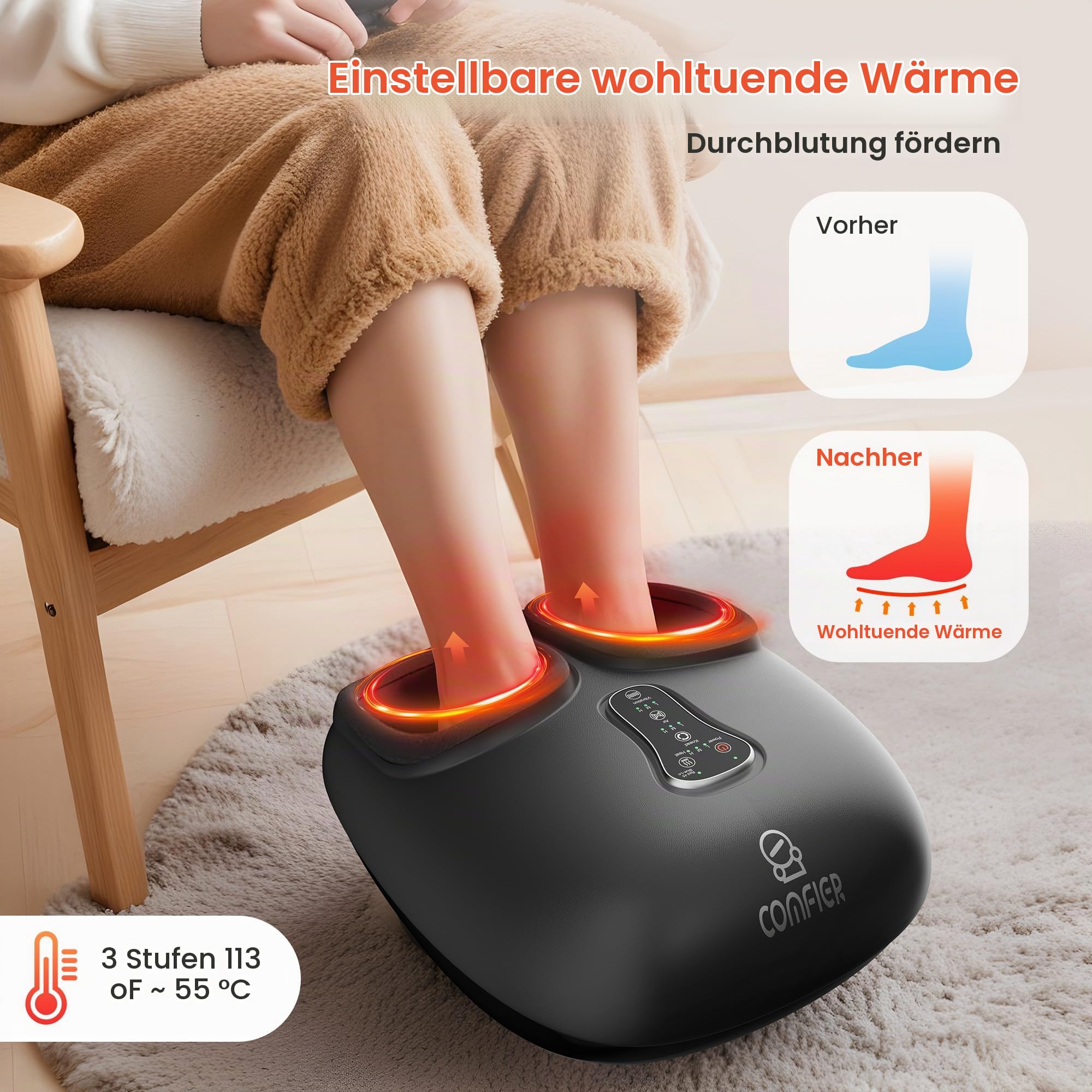 COMFIER Fuß-massagegerät mit Fernbedienung, Pausenfunktion, Fußmassagegerät mit Wärme, Kompression, Vibration, Shiatsu-Fußmassagegerät für Neuropathie, Plantar-Fasziitis, Geschenk für Männer/Frauen