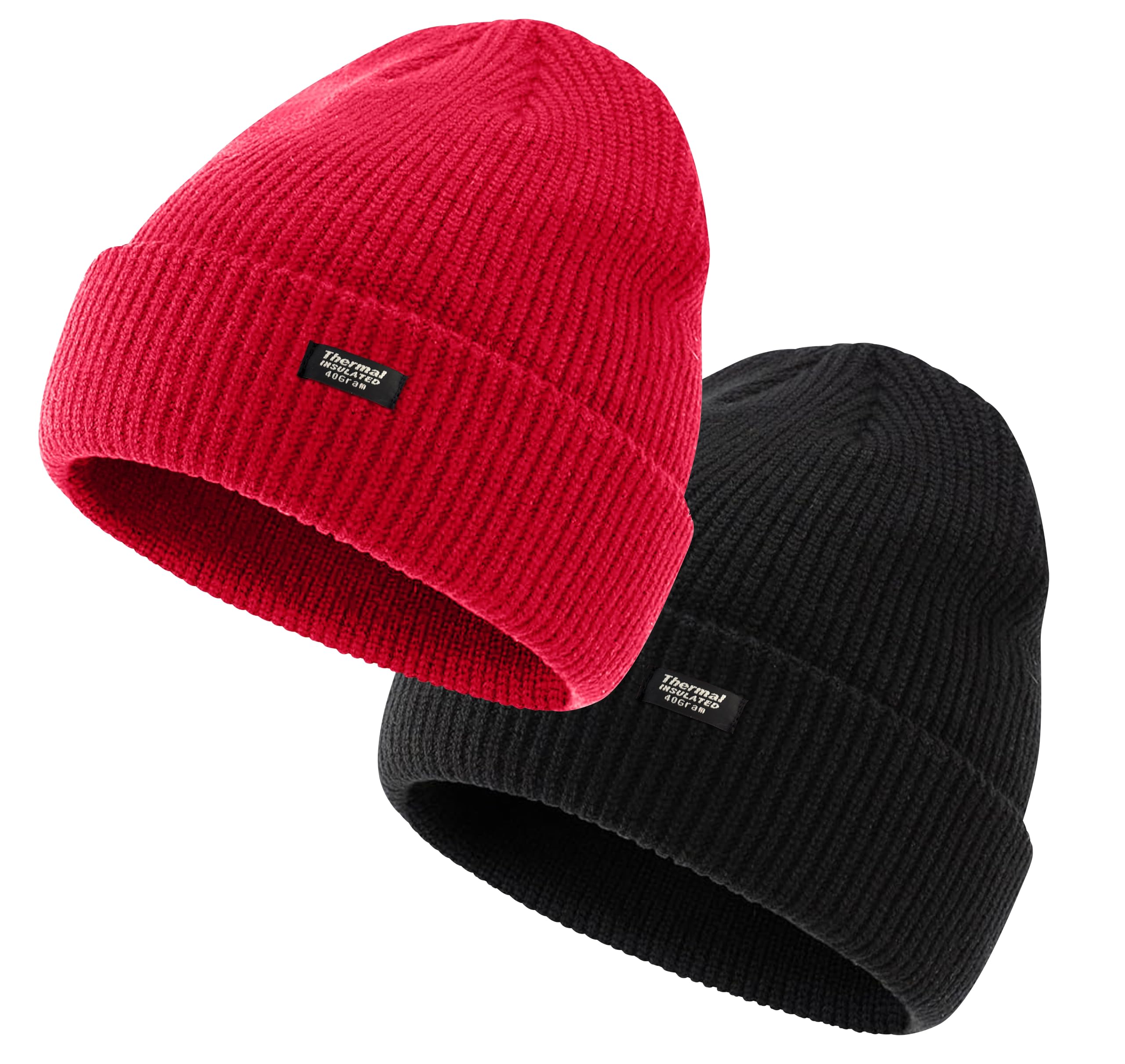 Bonjour Women's Red / Black - 2 Pack Classic Cuffed Beanie Hats - Thermal Winter Warm Insulated Beanie Hats For Classic Slouch Knit Soft Hat Stretchy Beanies For Red/Black