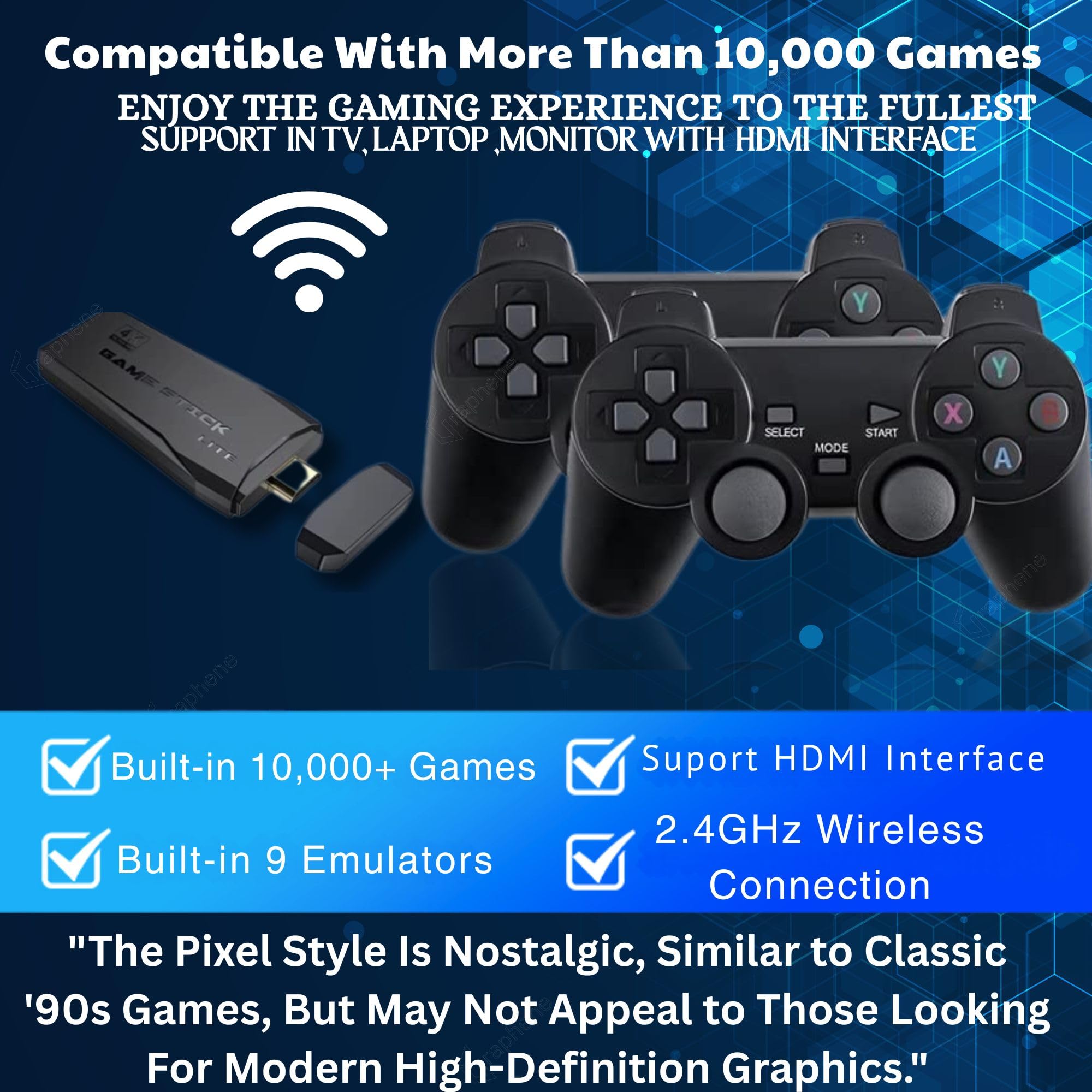 GRAPHENE Wireless Video Games Console Ultra HD TV Wireless Retro Video Games For Kids Dual Player Stick Lite 64GB Plug & Play Video Game Kids Adults 2.4G 10000+ Games Controllers Gamepad 9 Emulators Best Gift 14+ Age 3