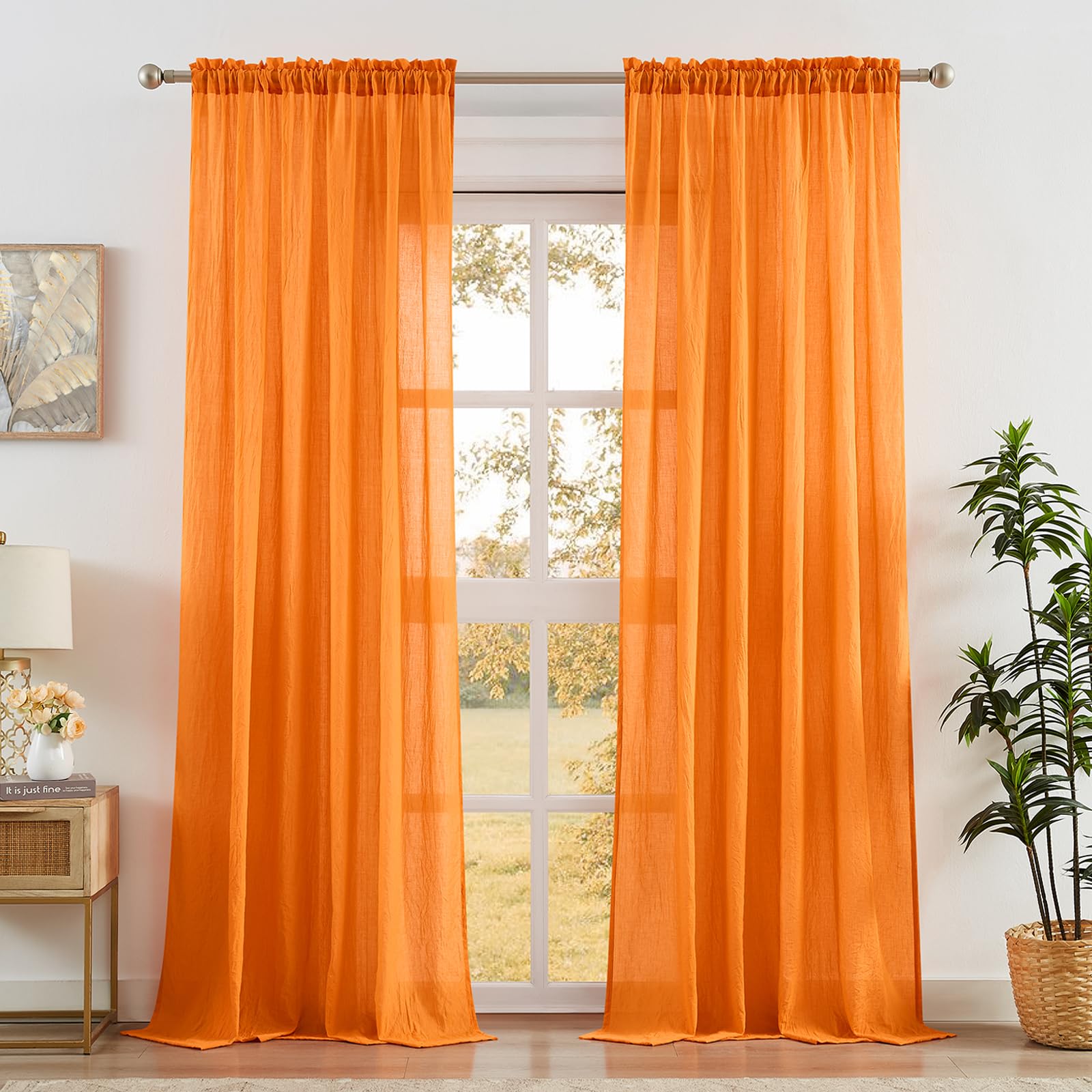 Anpark Orange Sheer Curtains 96 Inches Long for Living Room, Bedroom Elegant Cotton Textured Light Filtering Linen Semi Sheer Curtains Natural Rod Pocket Voile Drapes, W52 x L96 in, 2 Panels โ image 1