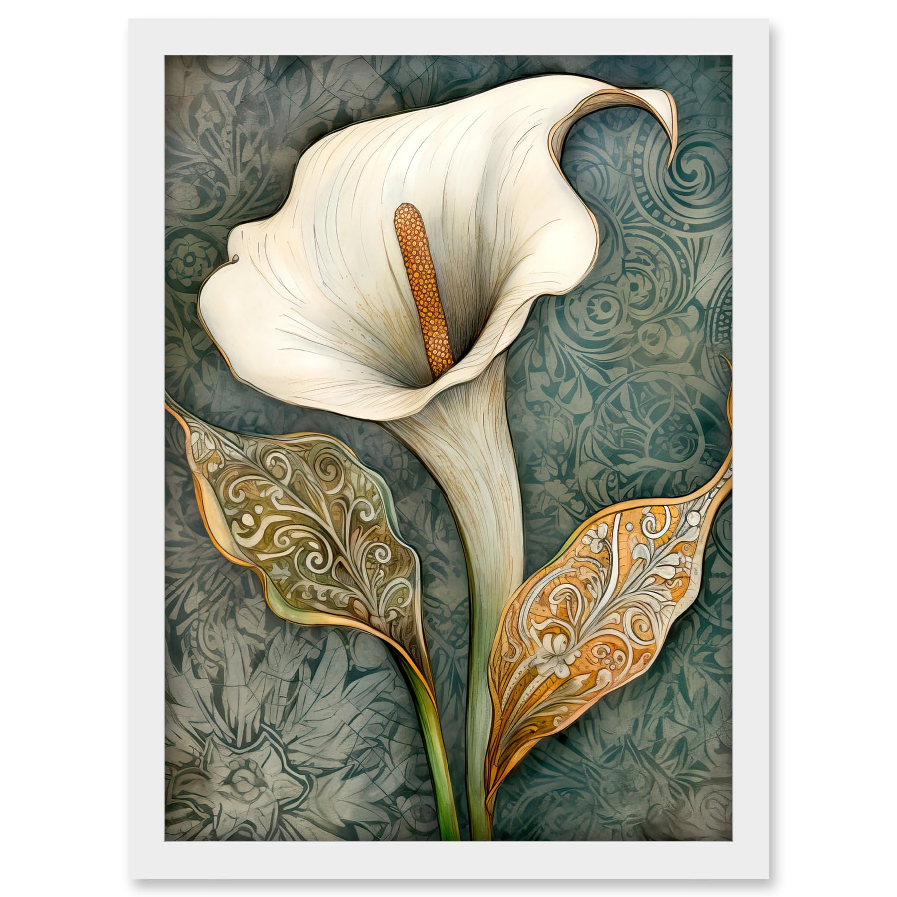 Artery8 William Morris Style Art Nouveau Calla Lily Flower Artwork Framed A3 Wall Art Print, Framed White A3, 45.5L x 33W cm