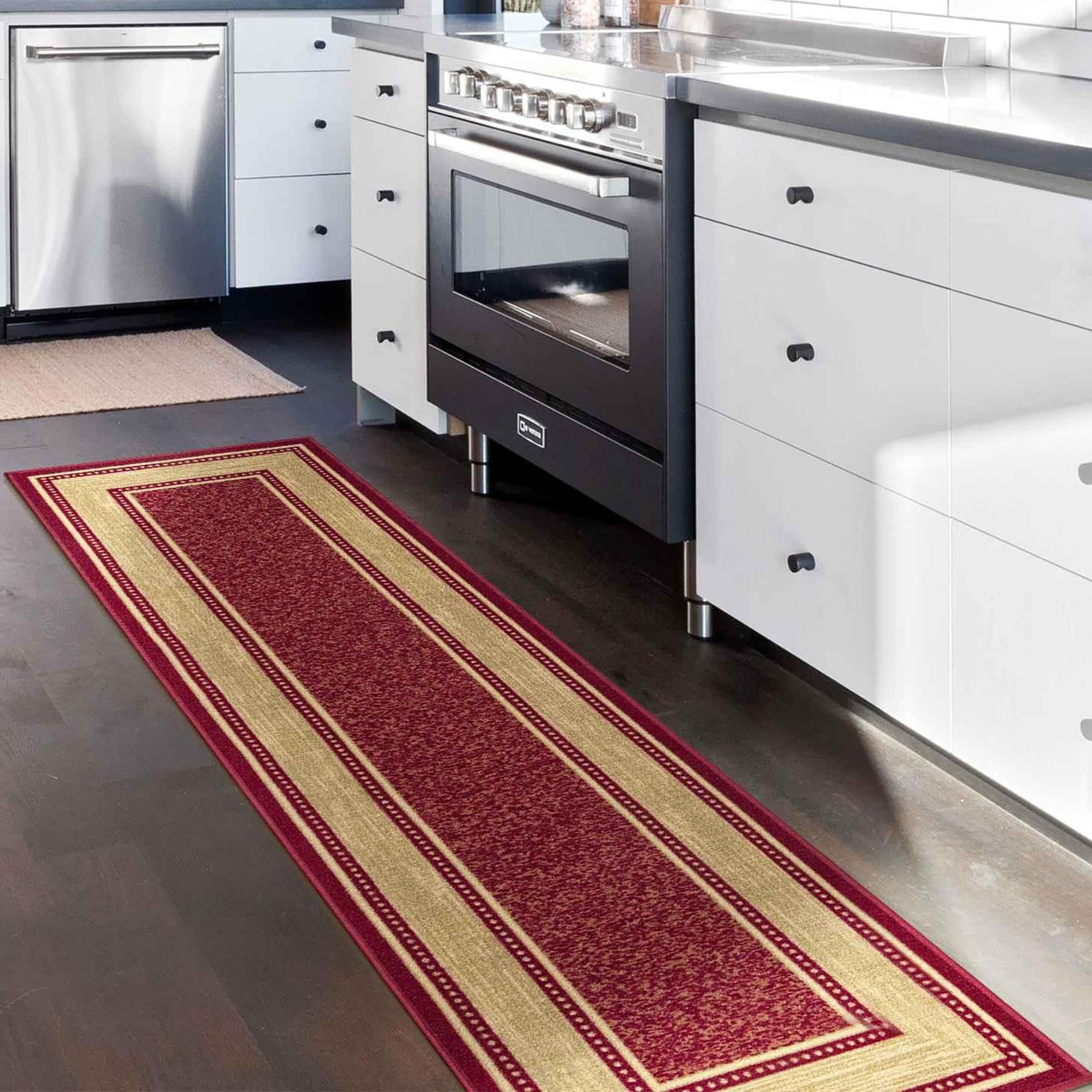 Ottomanson Machine Washable Border Design Non-Slip Rubberback 2x7 Modern Runner Rug for Hallway, Kitchen, Living Room, Bedroom, 1'10" x 7', Red/Beige