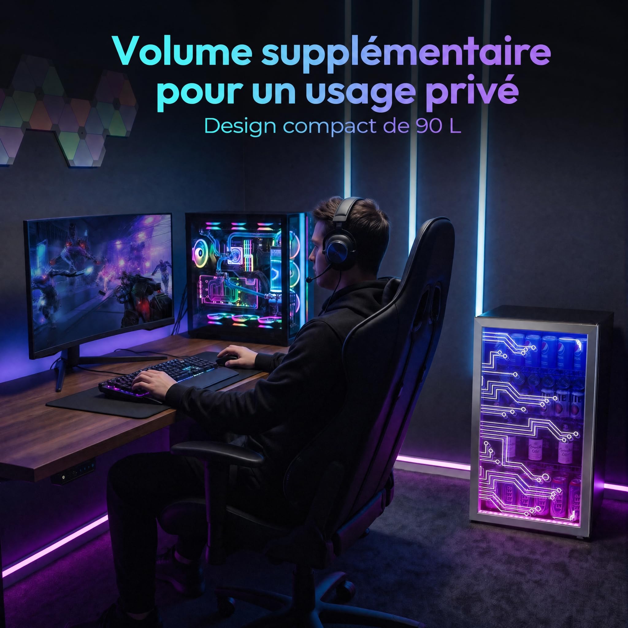 TRIUMPHKEY Réfrigérateur à boissons 90L – porte vitrée et éclairage LED RGB