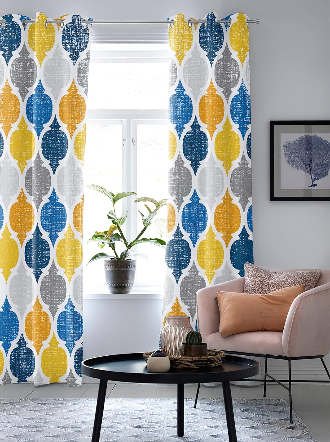 Curtains Panels for Bedroom Blue Yellow Geometric Morocco Pattern Window Curtains Light Filtering Grommet Top Drapes for Bathroom Living Room-Set of 2 Panels, 84" W by 45" L