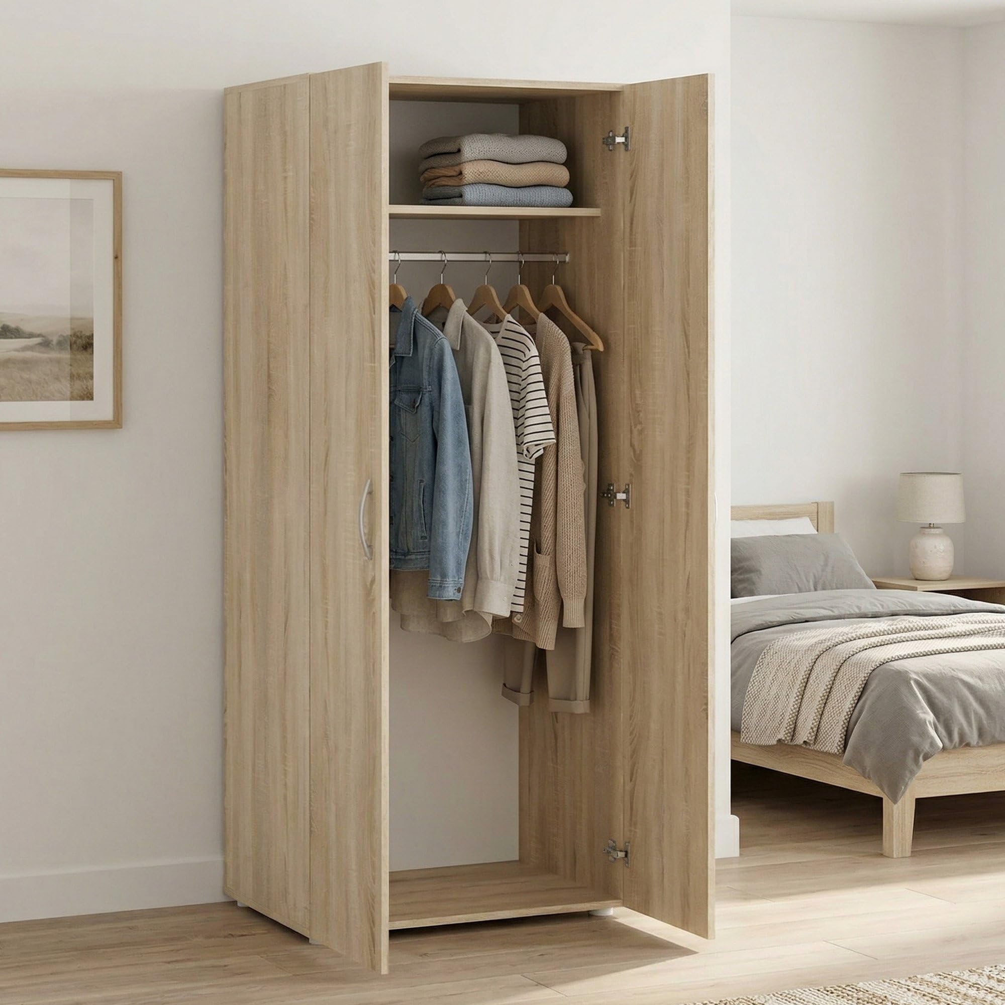 Dmora - Guardaroba 2 ante Cork, Mobile camera da letto, Cabina armadio portabiti, Armadio appendiabiti, 74x52 h179 cm, Rovere