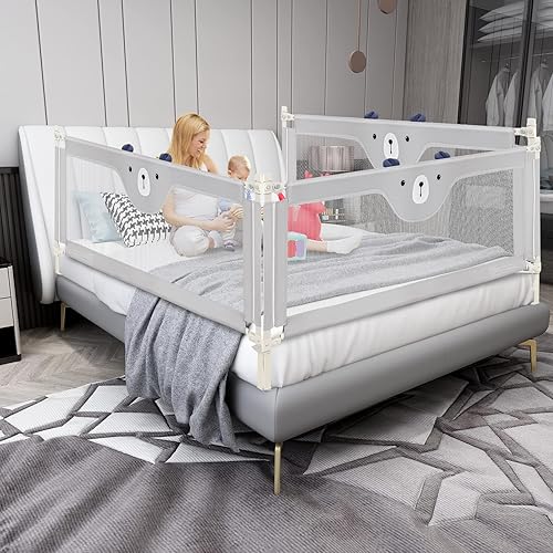 Miniatura 9 de BABY JOY Riel de cama para niños pequeños, 77 pulgadas extra largo, altura ajustable y plegable, protector de riel de cama de bebé con malla