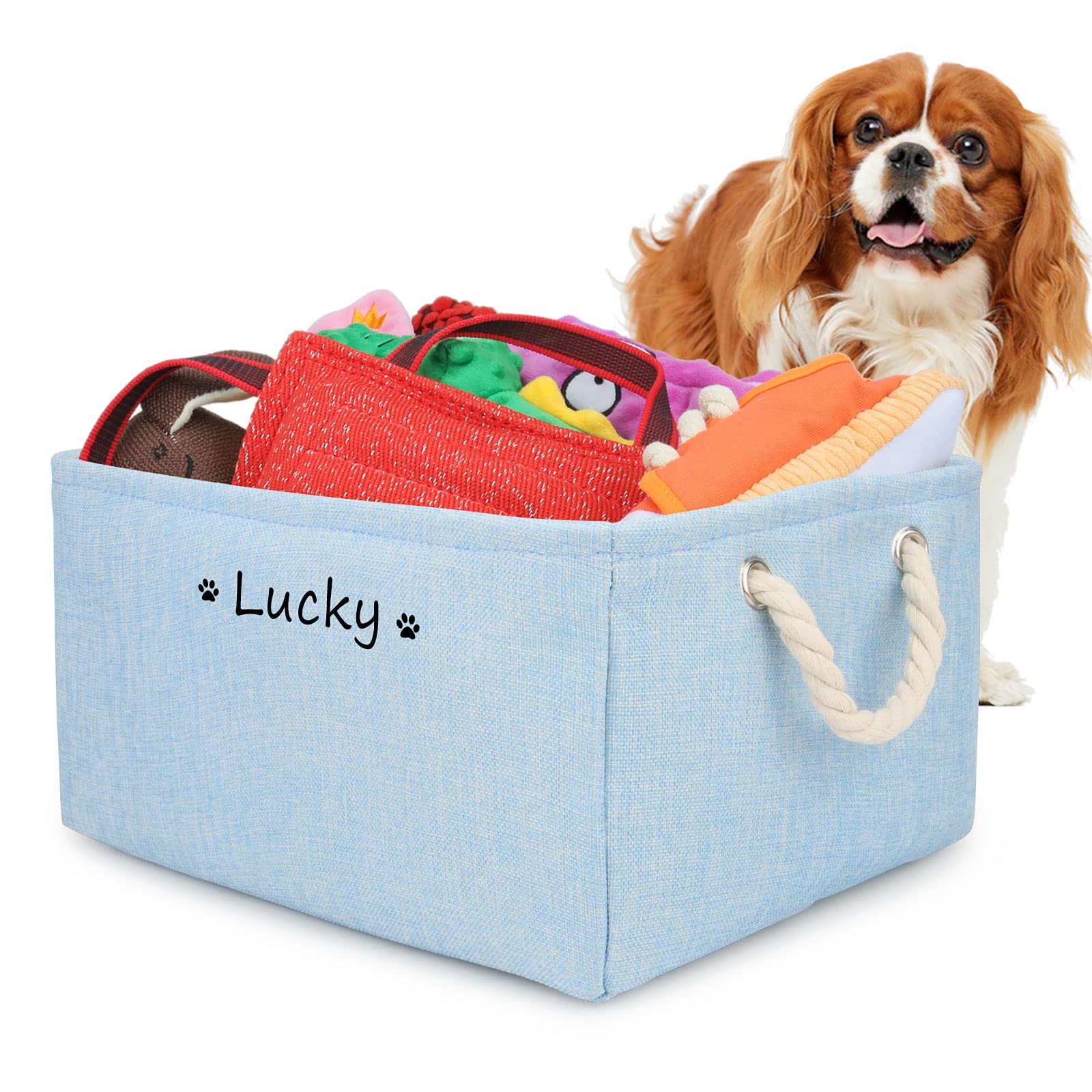 Personalized Pet's Name Dog Toy Box Basket Storage, Foldable Bin with Cotton Handle, Organizes Dog Toys, Clothing & Accessories, Multiple Custom Patterns Optional (Light Blue)