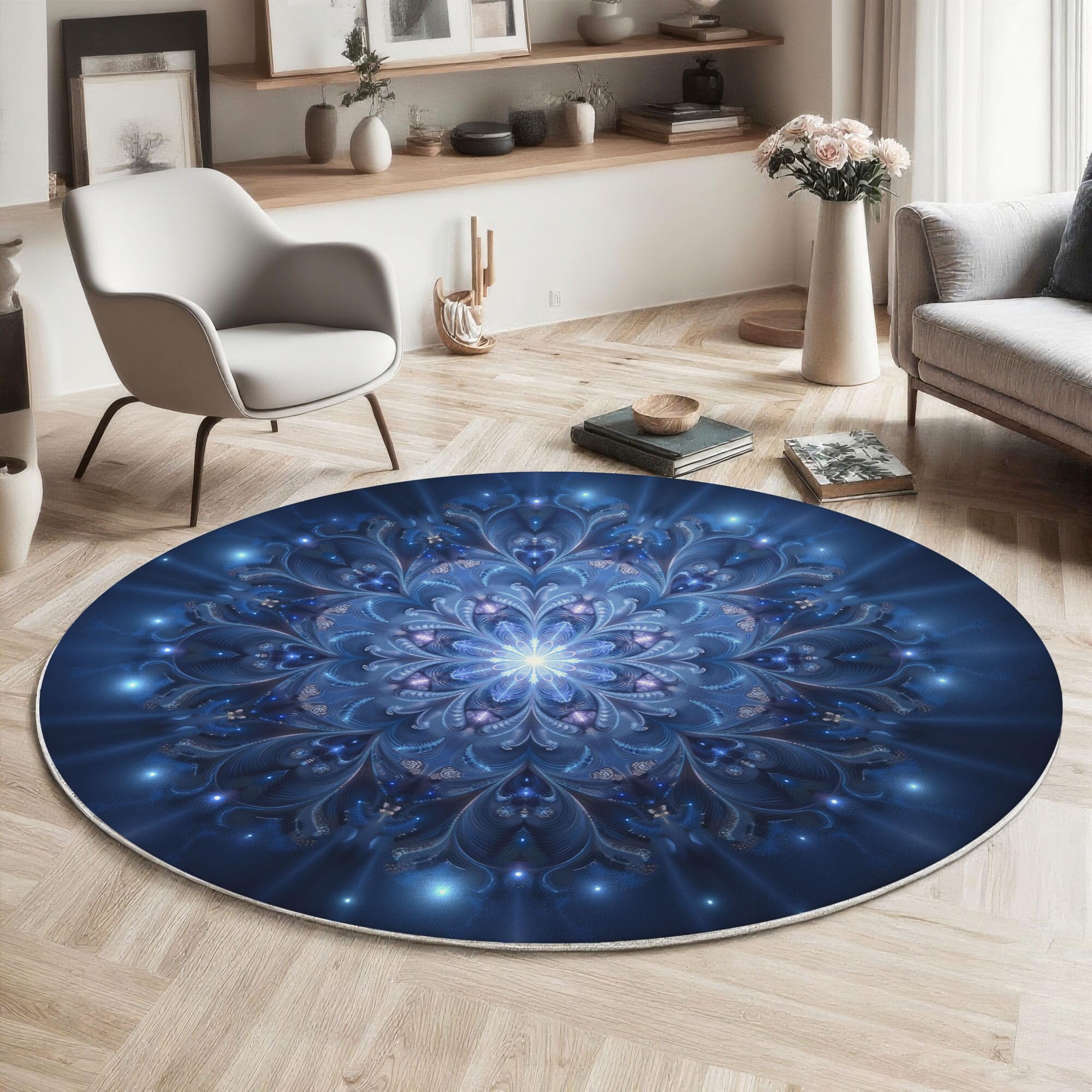Tapis Rond Étoiles Mandala pour Salon, 120cm Circulaire Tapis Style Cosmique Mystérieux Douce Lavable Et Antidérapante pour Chambre Intérieure, Bleu Profond