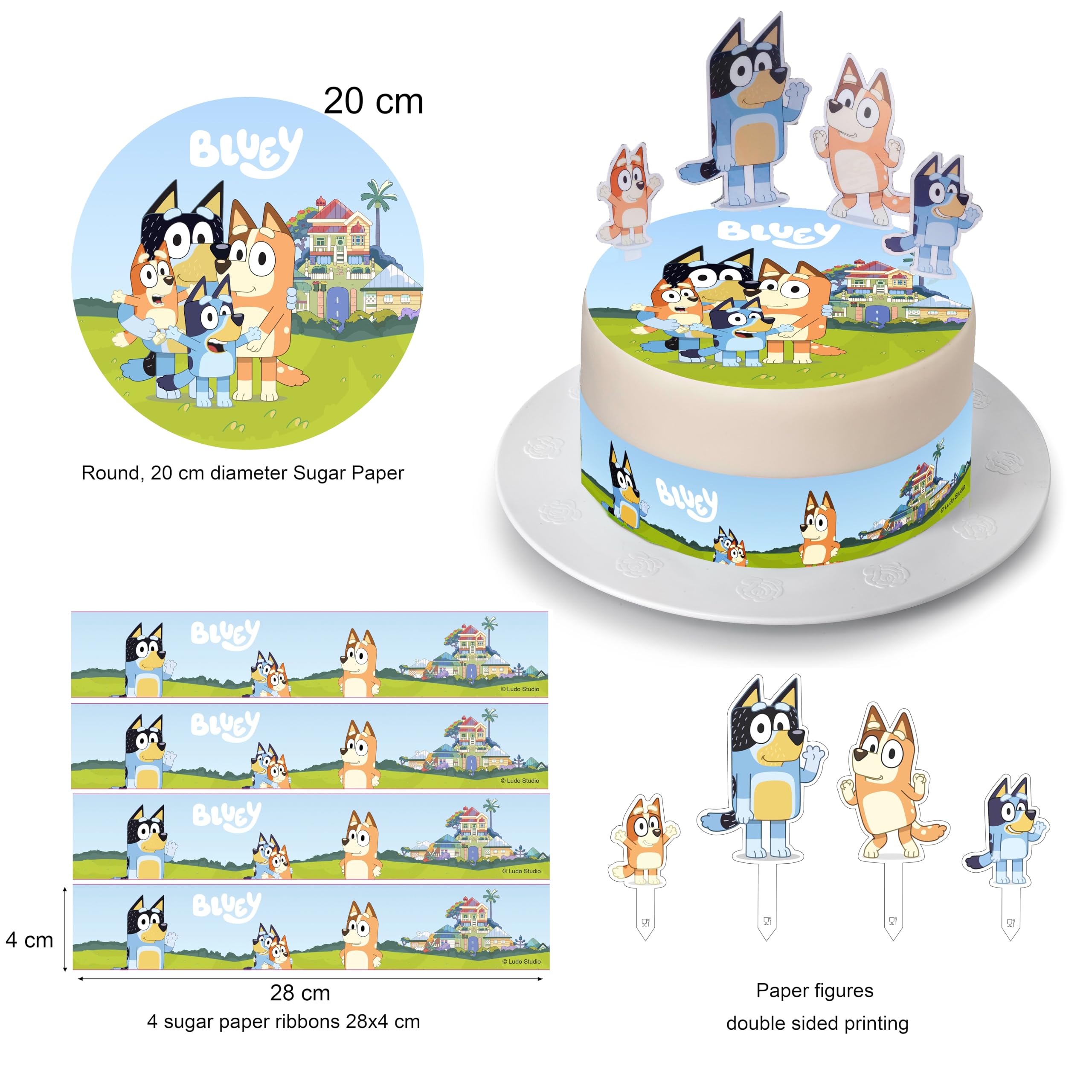 Kardasis Bluey - Decoración para tartas con figuras de papel, decoración comestible para tartas y pasteles, decoración para tarta de cumpleaños temática Bluey, 20 cm + 4 cintas de 28 x 4 cm + 4