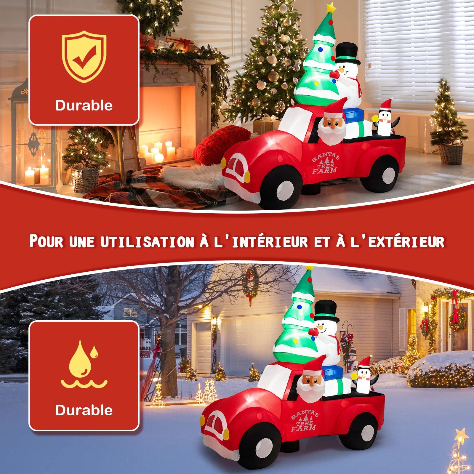 GOPLUS Papá Noel Inflable Conduce un Coche de 220 cm, Decoración de Navidad Inflable Exterior con Árbol de Navidad, Muñeco de Nieve y Pingüino, Decoración Navideña con Luces LED y Soplador Incorporado