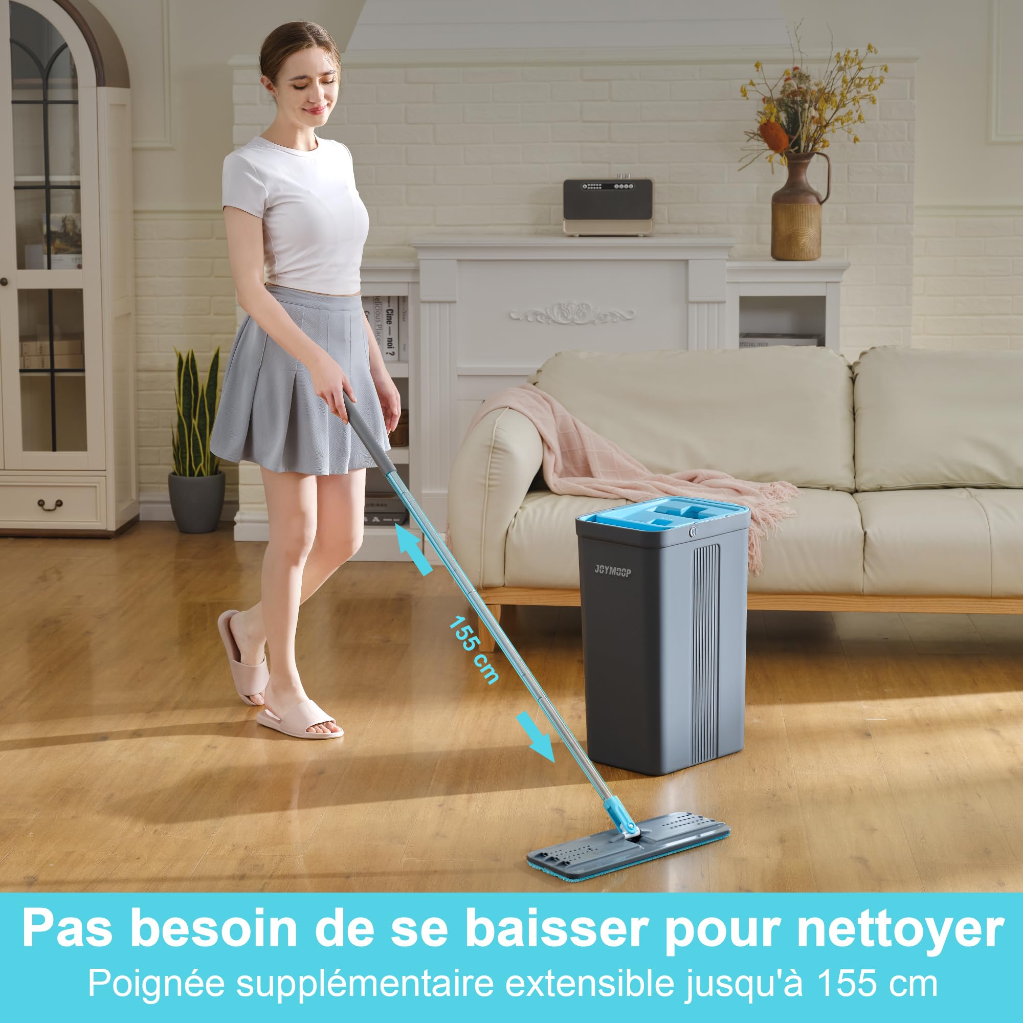 JOYMOOP Ensemble serpillère et Seau avec essoreuse, serpillères pour Nettoyage du Sol, Nettoyeur Mural avec Long Manche, avec 6 serpillères réutilisables en Microfibre – Gris + Bleu Cyan
