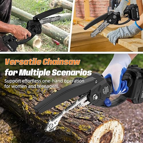 Miniatura 4 de HAJACK Mini motosierra eléctrica de 6 pulgadas, inalámbrica con engrasador automático, mini motosierra con 3 cadenas y 2 baterías, motosierra