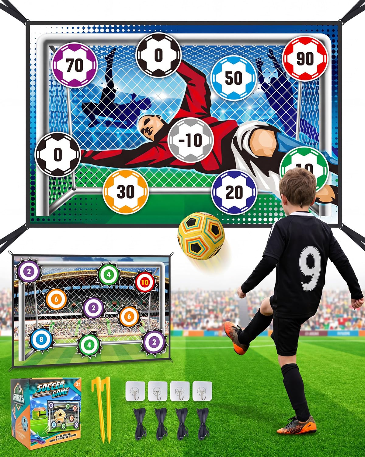 Football Target Game for Kids, Folding Goal with 2 Replaceable Target Covers and Ball, Indoor Outdoor Soccer Practice Toy for Garden Backyard Party, Gift for Boys Girls 3 4 5 6 7 8+