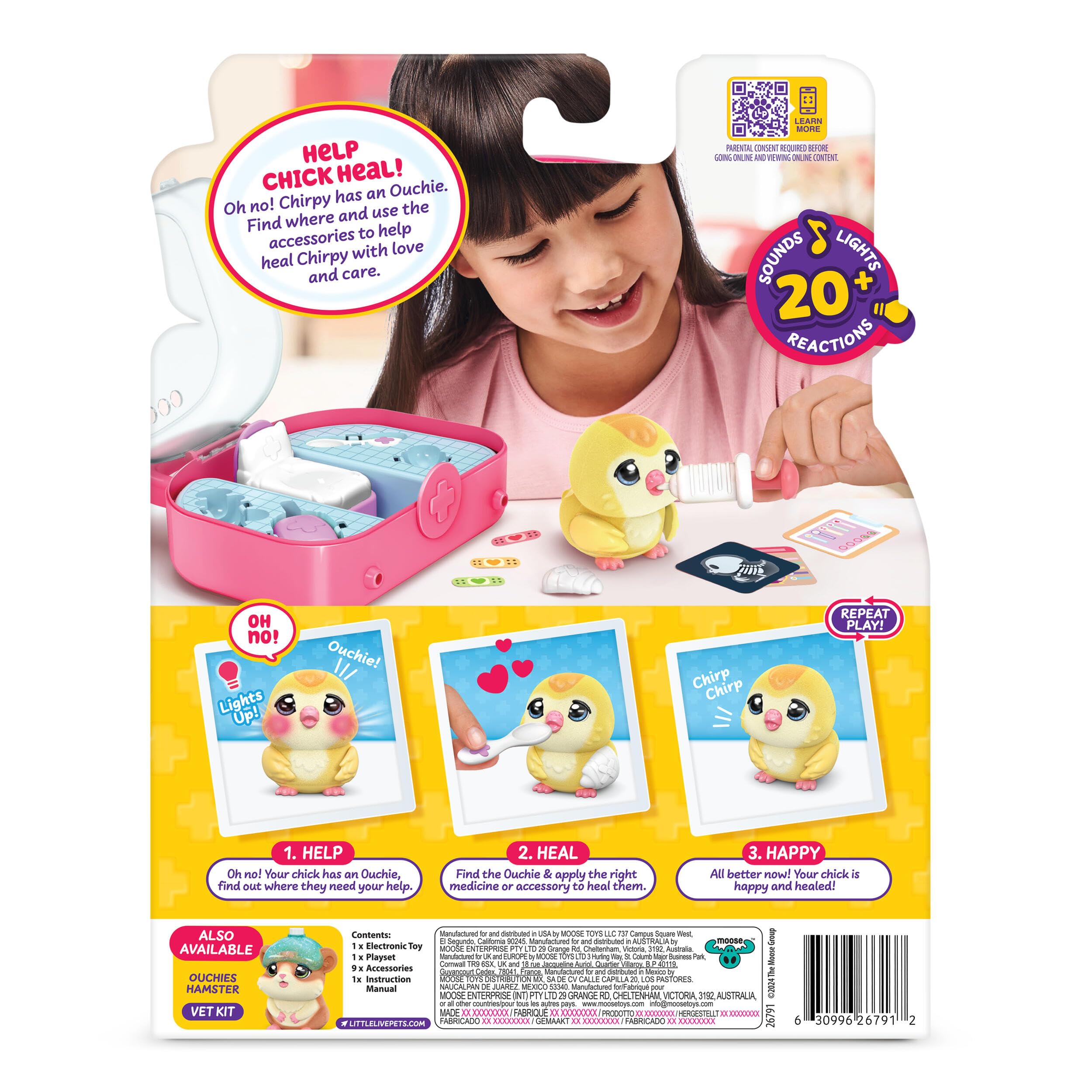 Little Live Pets Ouchies zestaw weterynaryjny - Chirpy Chick, zabawka interaktywna, świecące policzki, akcesoria i zestaw do zabawy 16,7 cm, diagnostyka i pielęgnacja, + 20 dźwięków i reakcji, gra