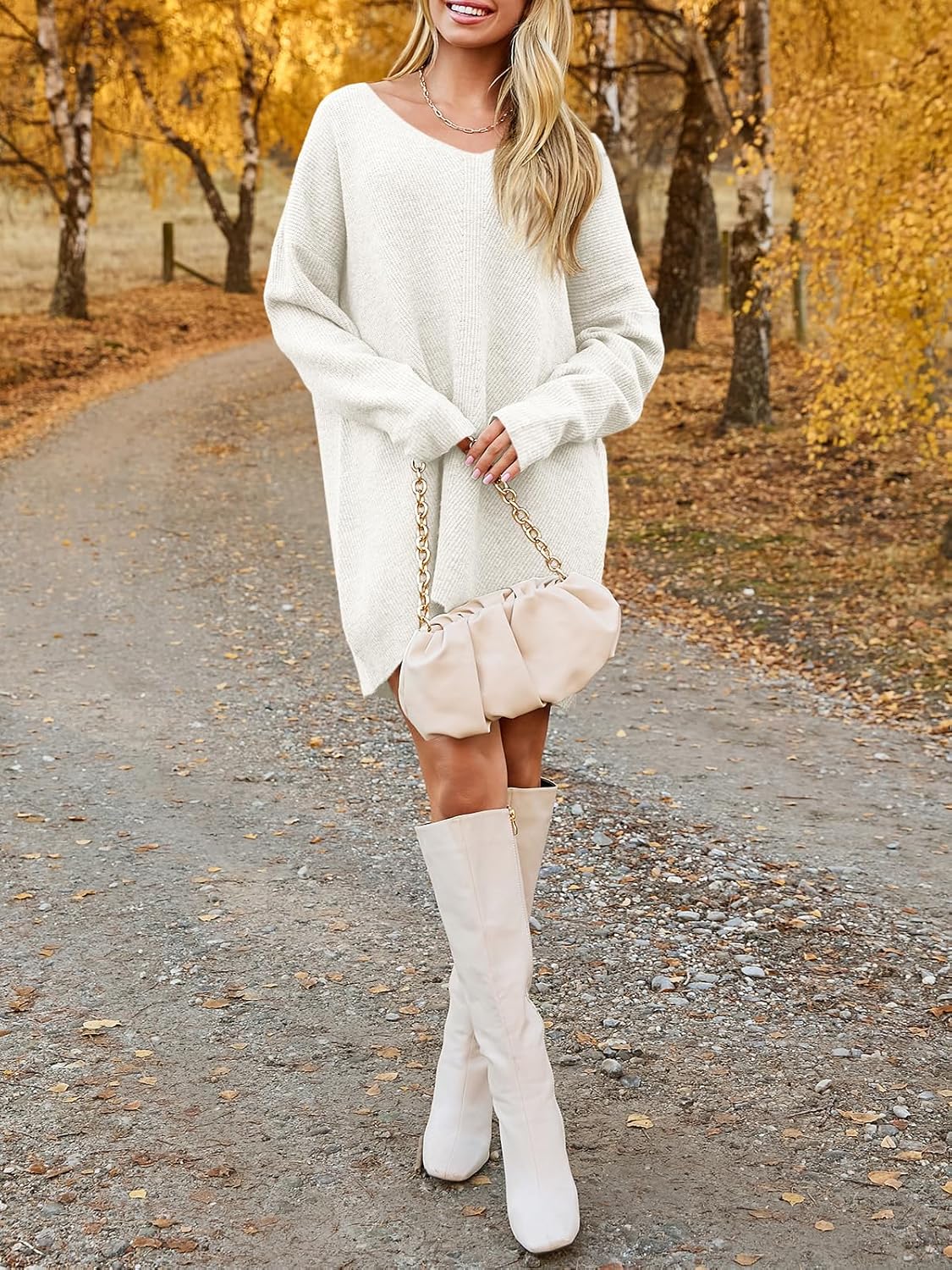 Saodimallsu Womens Oversized Sweater Dress Fall V Neck Ribbed Knit Long Sleeve Casual Loose Mini Pullover Dresses - Image 4