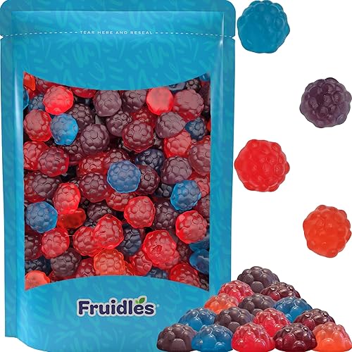 Fruidles Gomitas de bayas rojas y azules, gomitas de frambuesas surtidas, aptas para alérgicos, sin OMG, sin edulcorantes artificiales (bolsa de 8