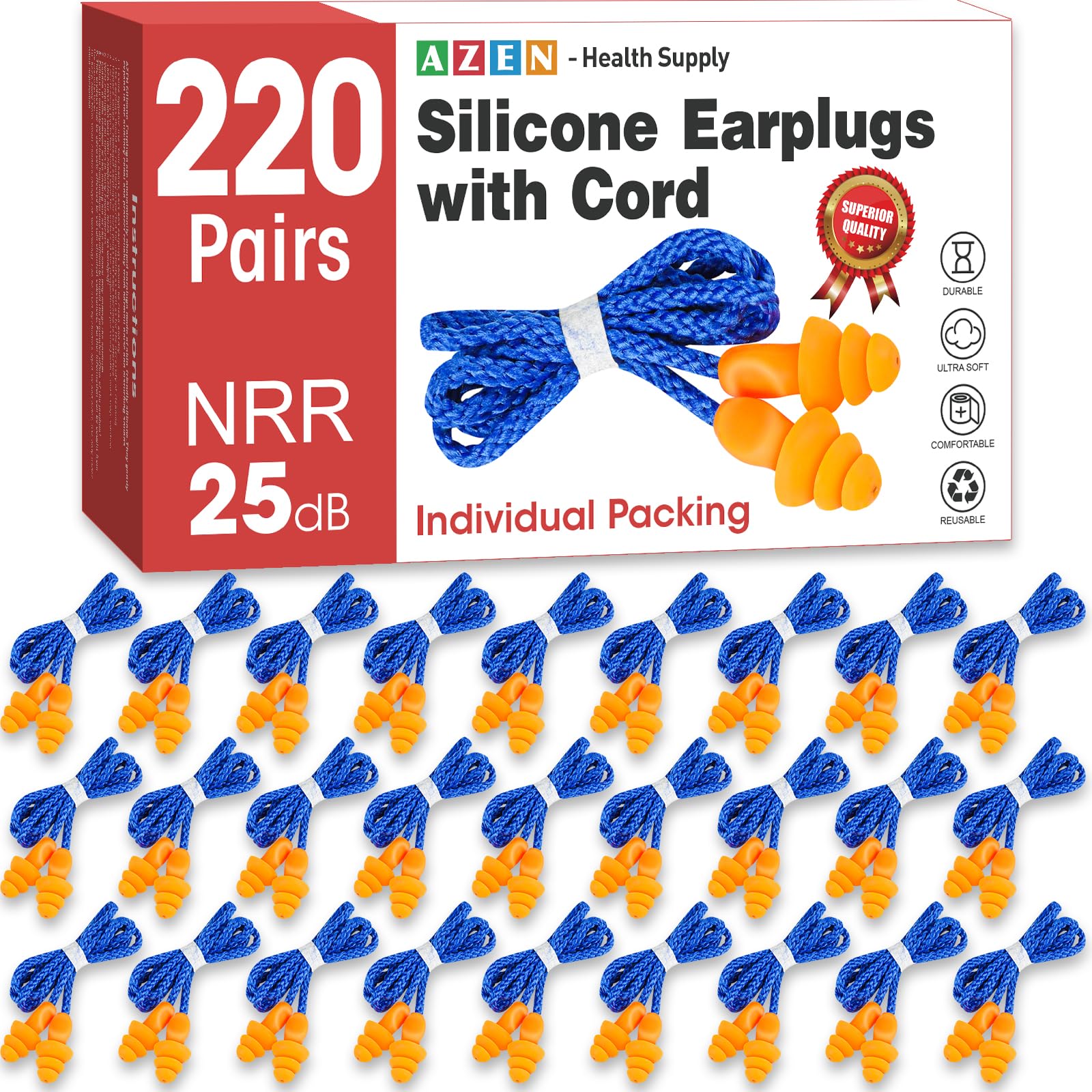 AZEN 220 pares de tapones de silicona para los oídos, tapones reutilizables para reducción de ruido, tapones para los oídos con cable NRR de 25 dB para cancelación de ruido para dormir, tapones para
