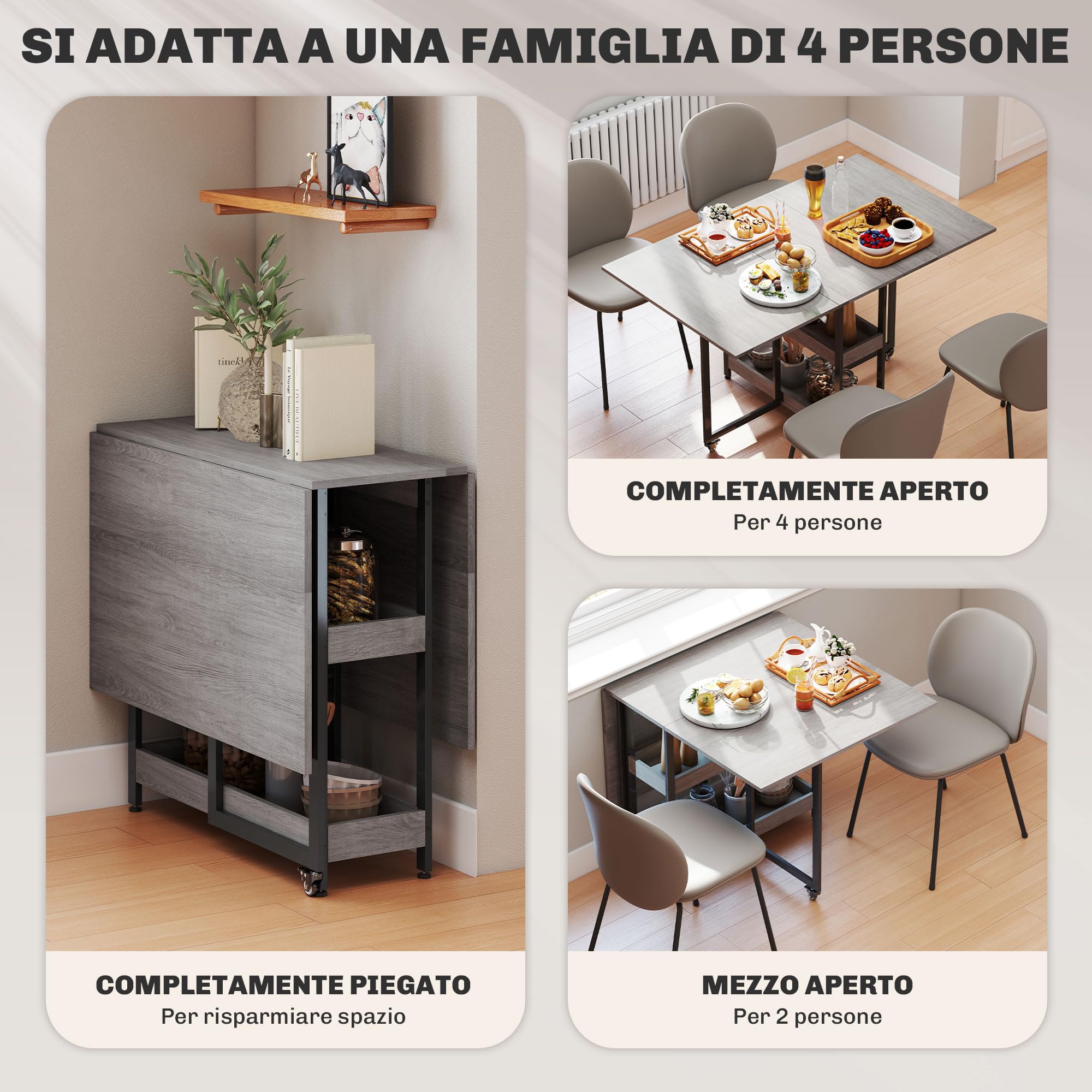 HOMCOM Tavolo da Pranzo Pieghevole, Tavolo Cucina a Ribalta con Ruote per 4 Persone, Scrivania Richiudibile Salvaspazio con 2 Ripiani Aperti, Ideale per Soggiorno, Ufficio, 133.4x80x75 cm, Grigio