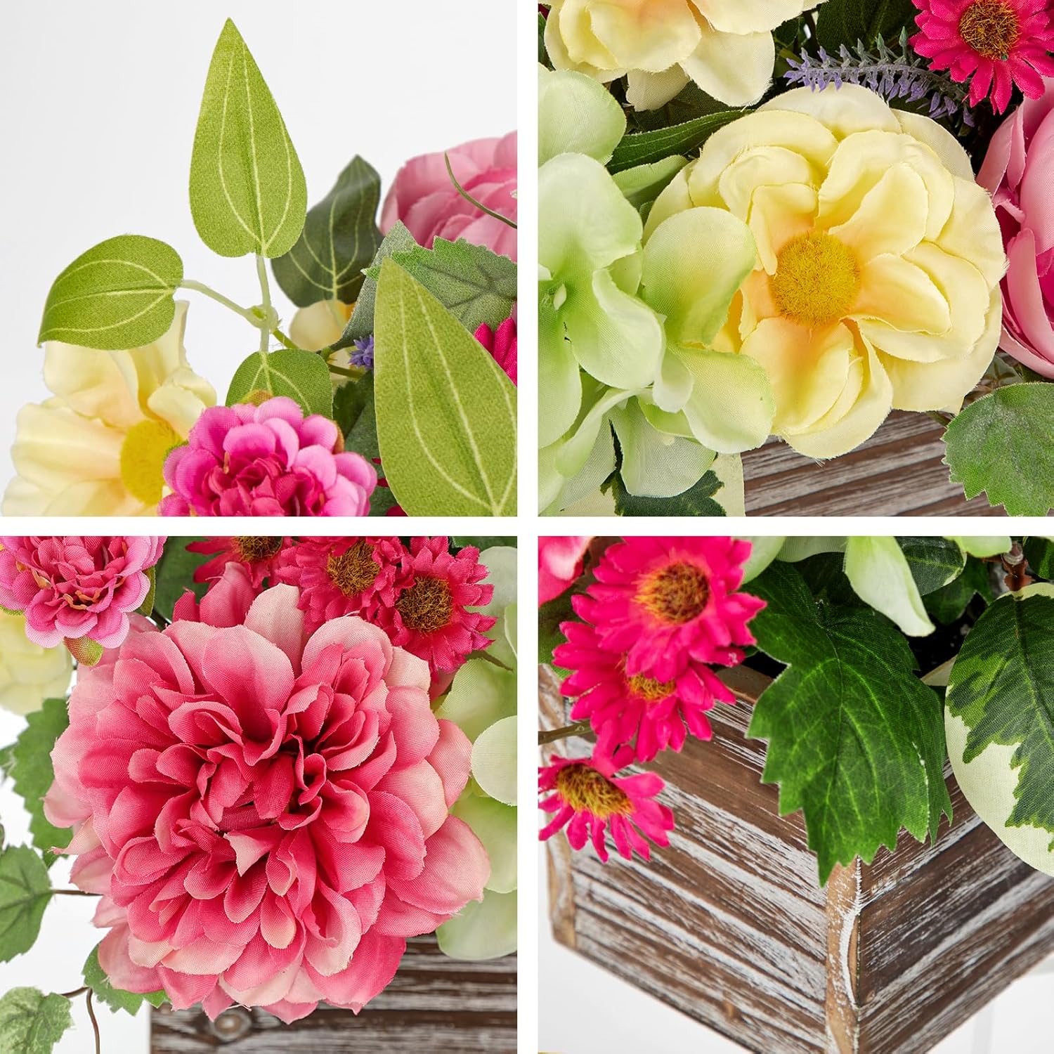Briful Spring Faux Floral Table Centerpiece with Rustic Wooden Planter Box, Artificial Flower Arrangement with Silk Dahlias, Roses & Hydrangea for Home Kitchen Wedding Dining Room Table Decor