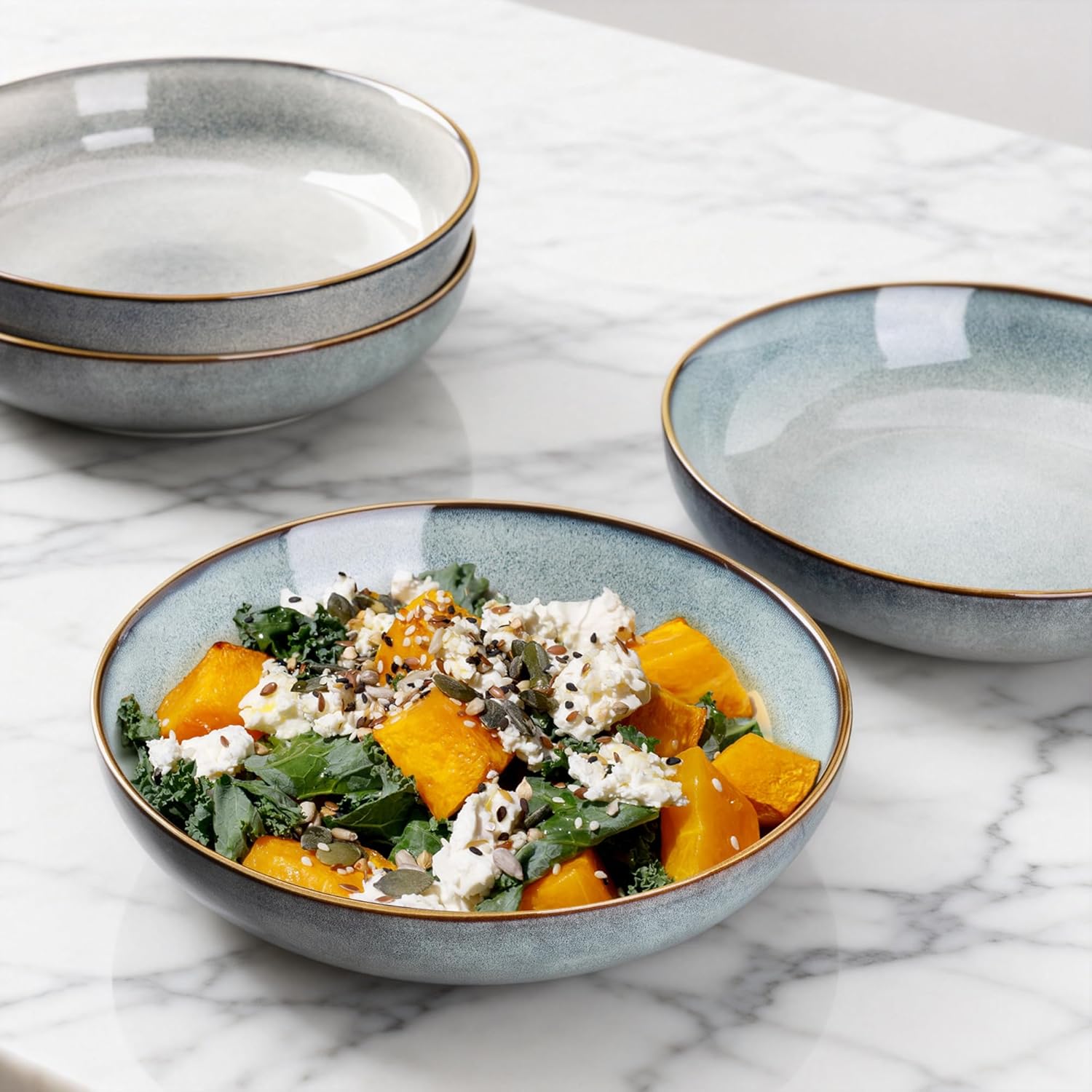 AmorArc 8.5'' Large Ceramic Pasta Bowls, 36oz Stoneware Pasta Serving Bowls Set of 4 for Kitchen, Wide Bowls for Pasta,Salad,Oatmeal, Microwave Safe, Reactive Glaze-Ocean - Image 5