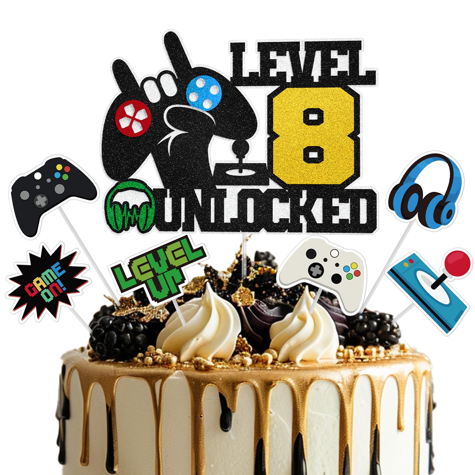 Video Game Cake Topper, Level 8 Unlocked Cake Topper, 8 Years Old Game Party Decorations for Boys Girls, Video Game Controller Themed Birthday Party