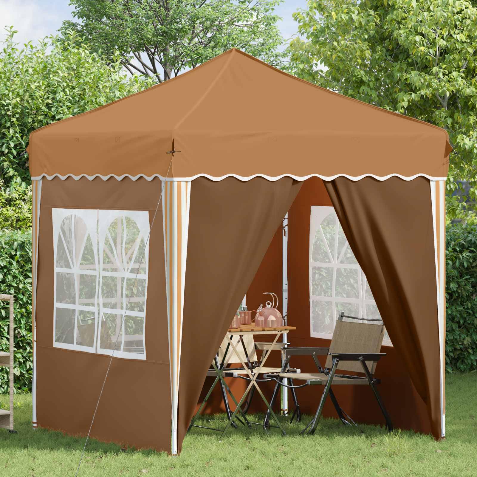 Namiot imprezowy Pop-up z beżowej tkaniny Oxford, 195 x 195 x 245 cm, z 4 ściankami bocznymi, ochrona przed promieniowaniem UV, odporny na warunki atmosferyczne i składany, do ogrodu, na