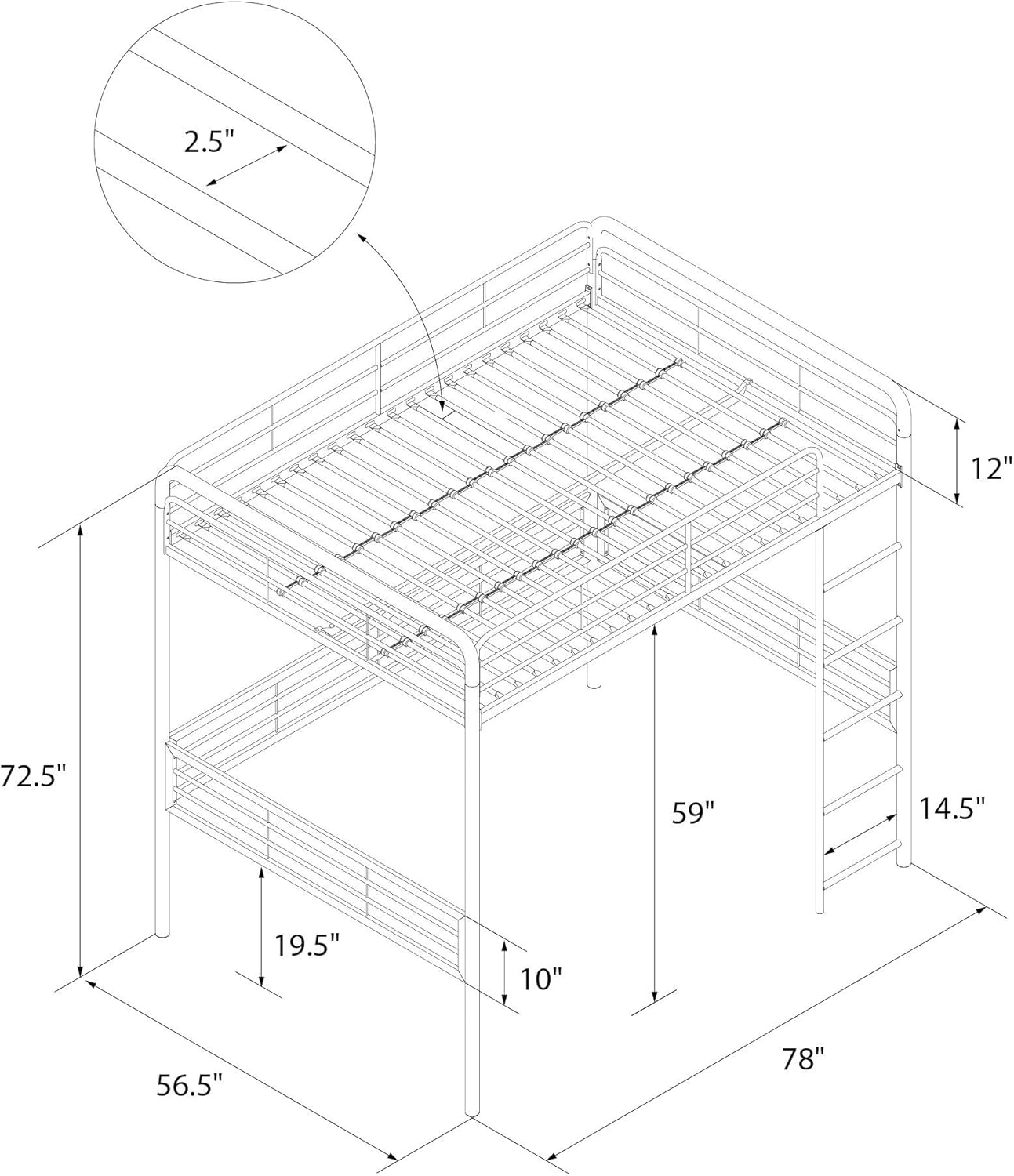 Detailed diagram of the DHP Full Metal Loft Bed with all dimensions labeled