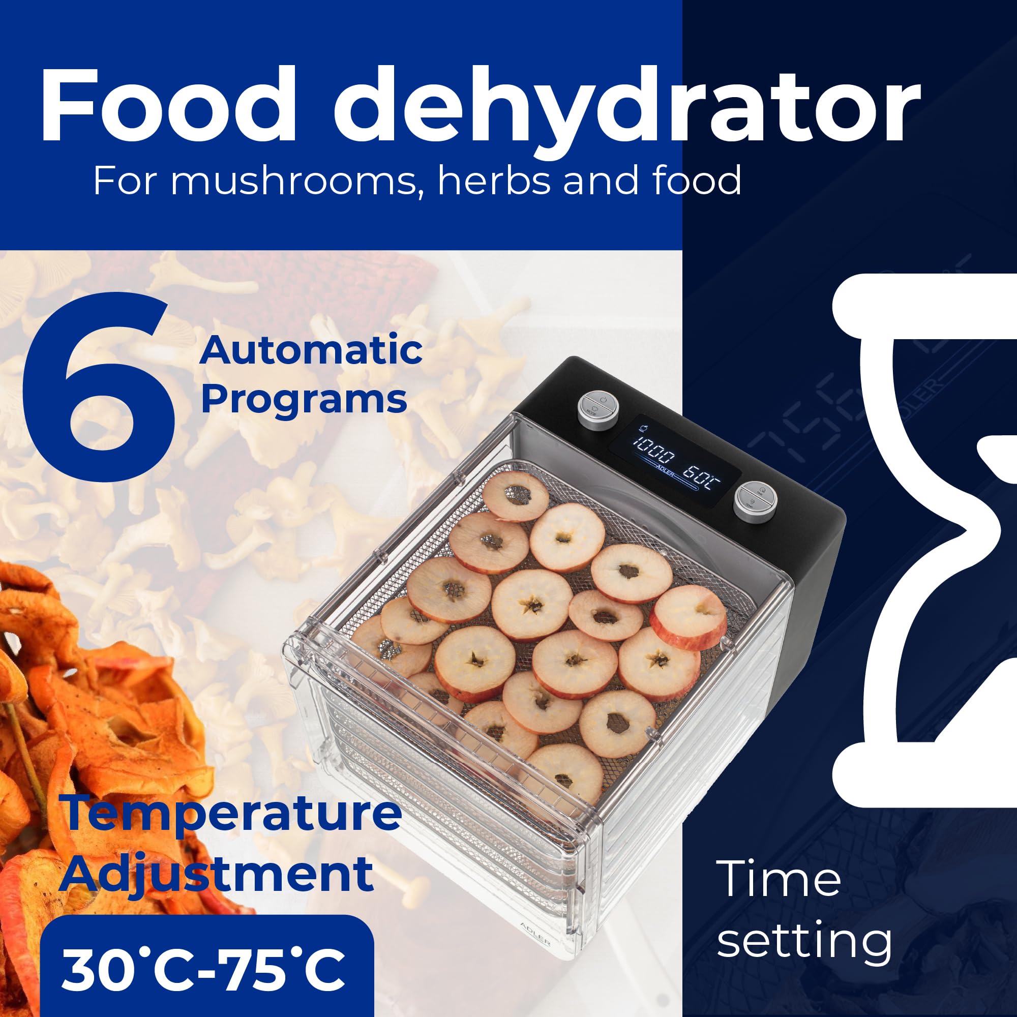 Adler Deshidratador de Alimentos Digital AD 6660, 6 Bandejas de Malla, Ventilador de Circulación, Pantalla LCD, Control de Temperatura y Tiempo