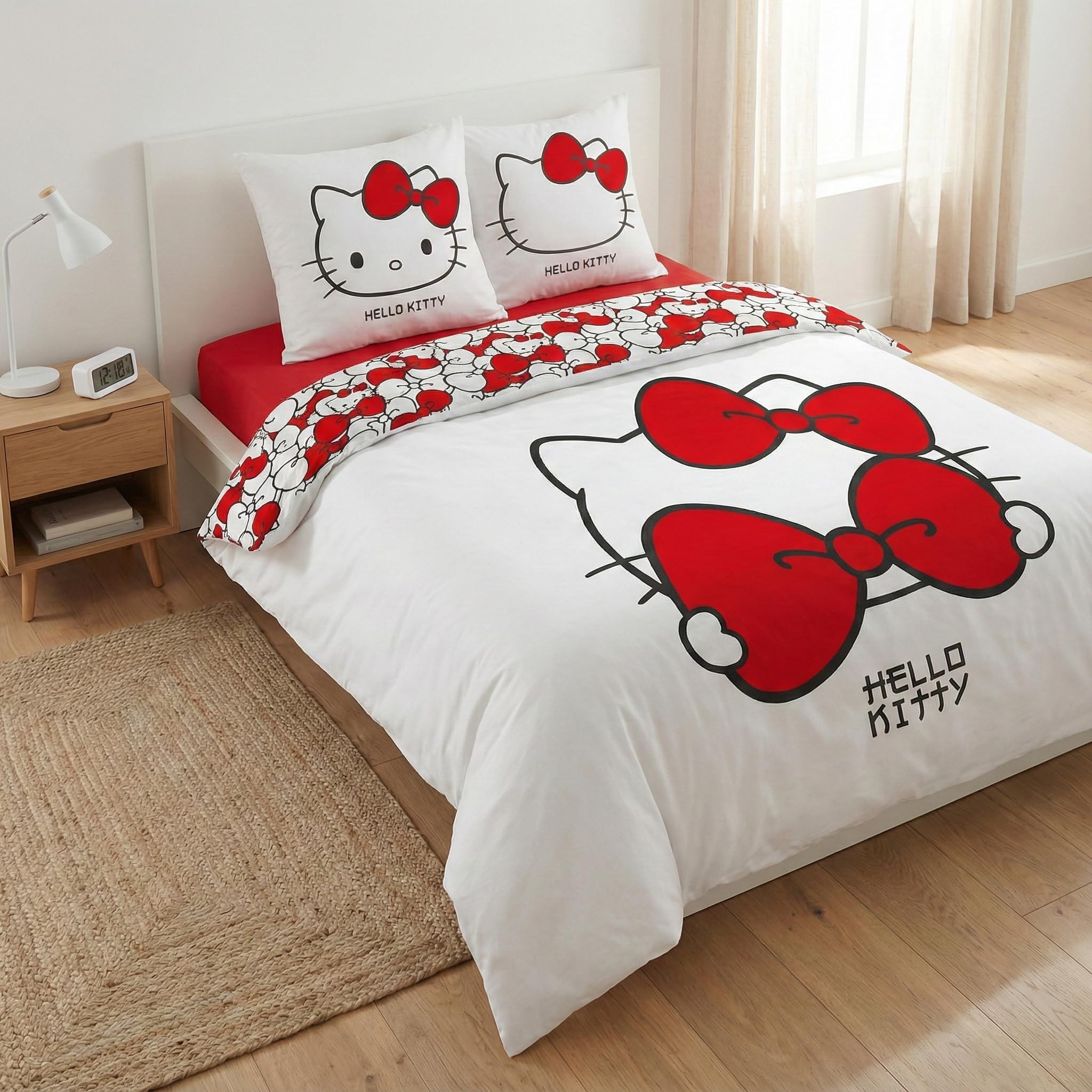 Aymax Parure da letto matrimoniale Hello Kitty Bow, 2 persone, copripiumino reversibile 240 x 200 cm + 2 federe 65 x 65 cm, bianco