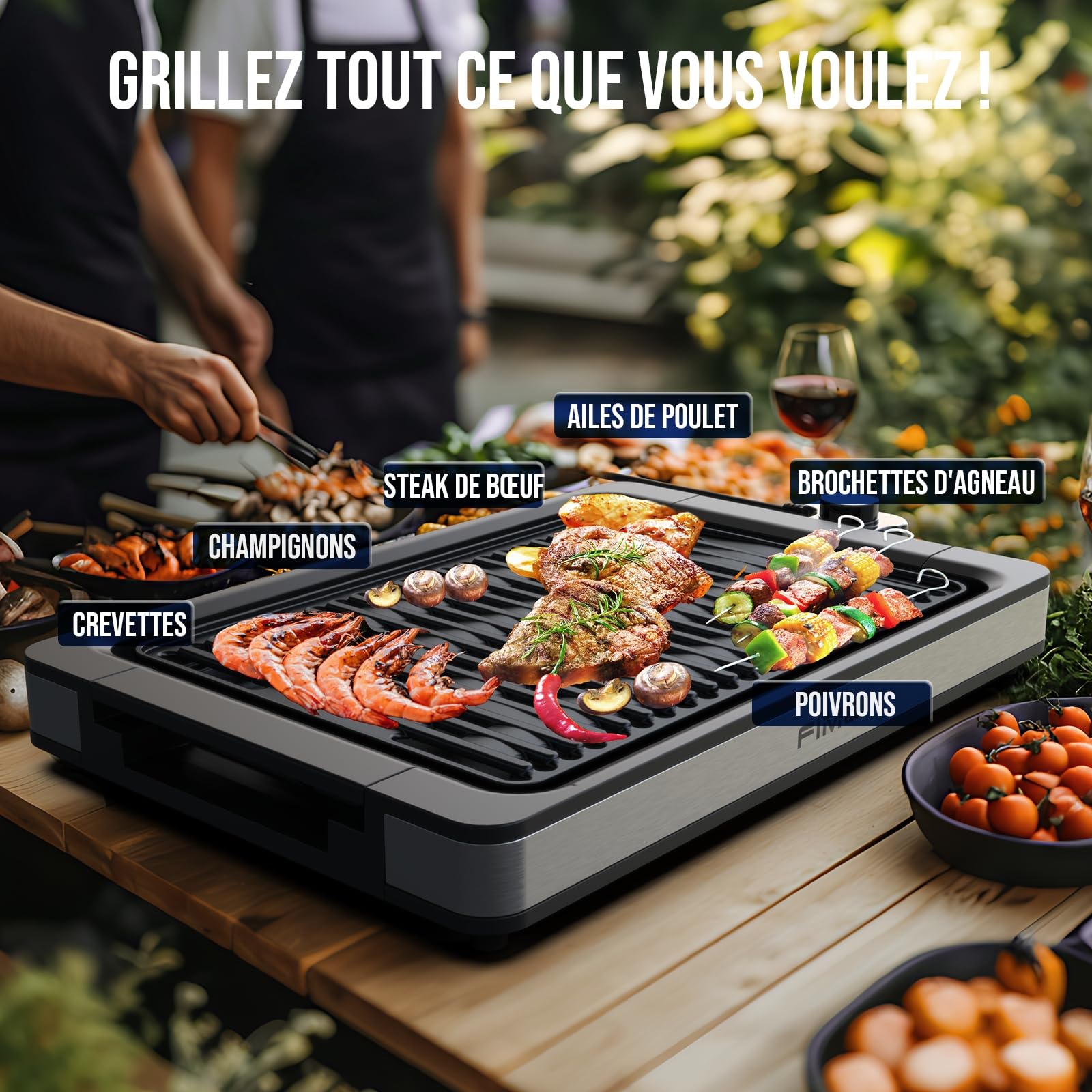 FIMEI Barbecue électrique Grill de table 1800W, Gril sans Fumée Revêtement Anti-Adhésif, Plancha Thermostat Réglable, Plaque et Bac lave-Vaisselle, pour Intérieur/Extérieur