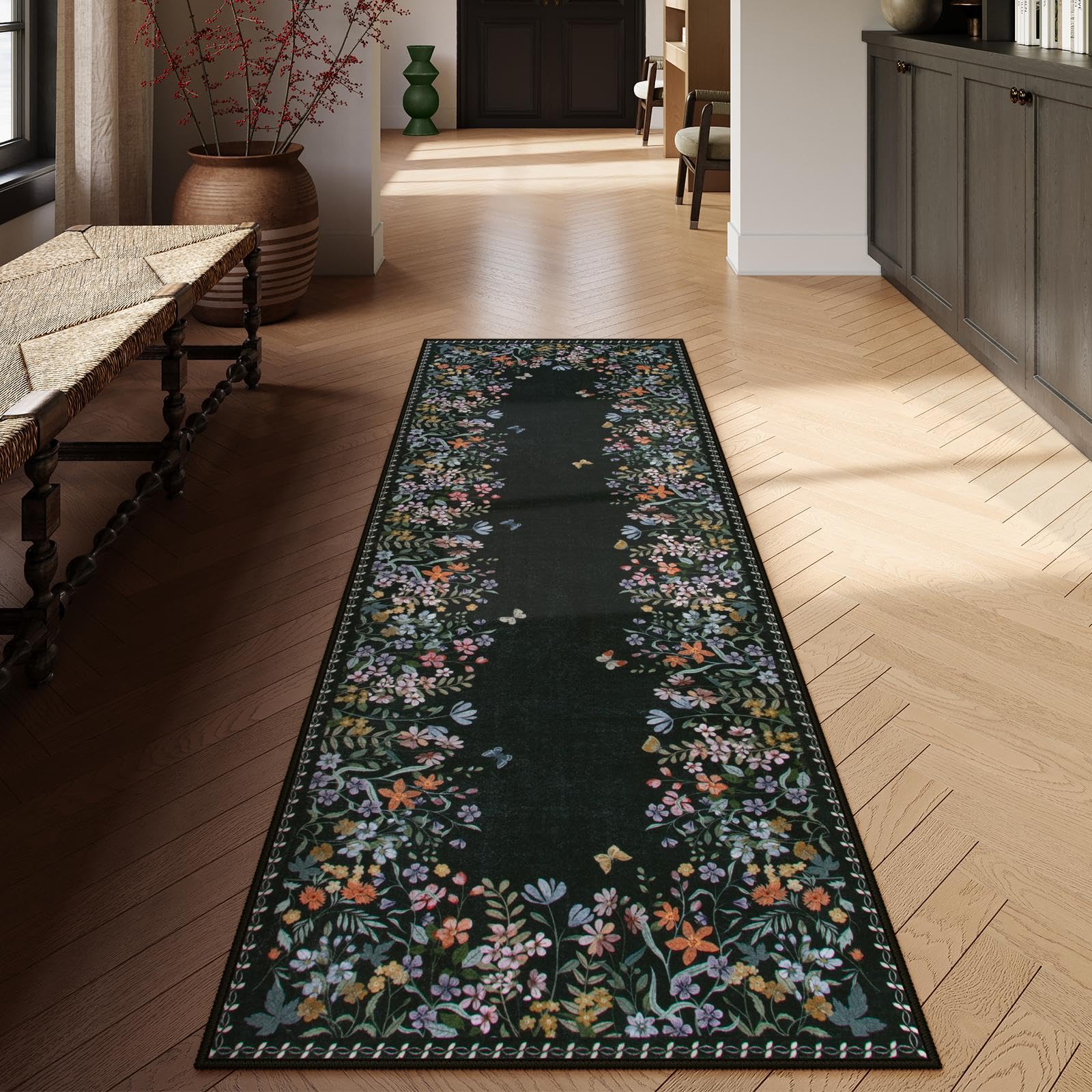 Lahome Boho Floral 2'6"x8 Black Washable Hallway Kitchen Runner Rug, Non Skid Bathroom Carpet Runner, Soft Non-Slip Rug Runners for Entryway Laundry