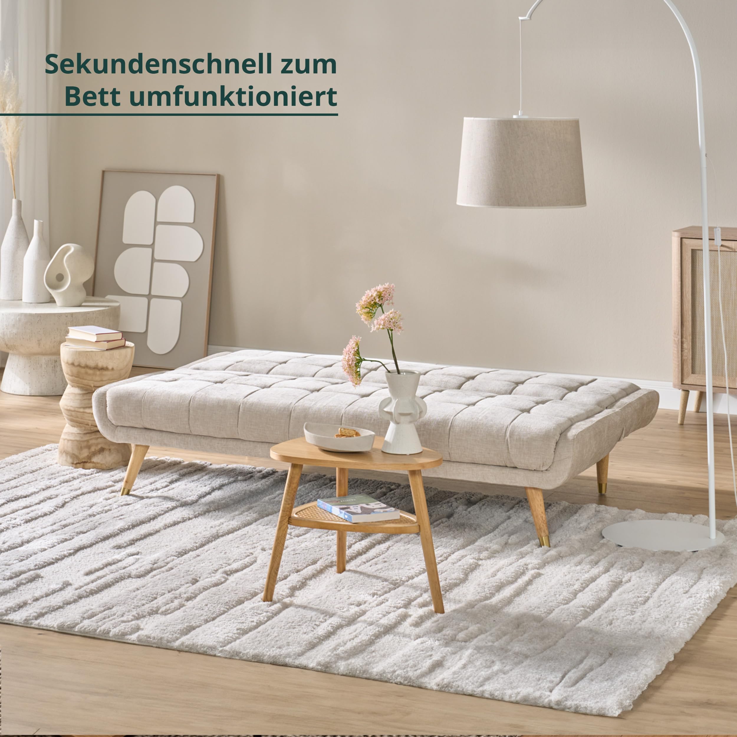 KHG Schlafsofa Beige Flachgewebe, Couch klappbar, große Liegefläche Wellenunterfederung, Massivholz 200 kg belastbar, 182x85x100 cm