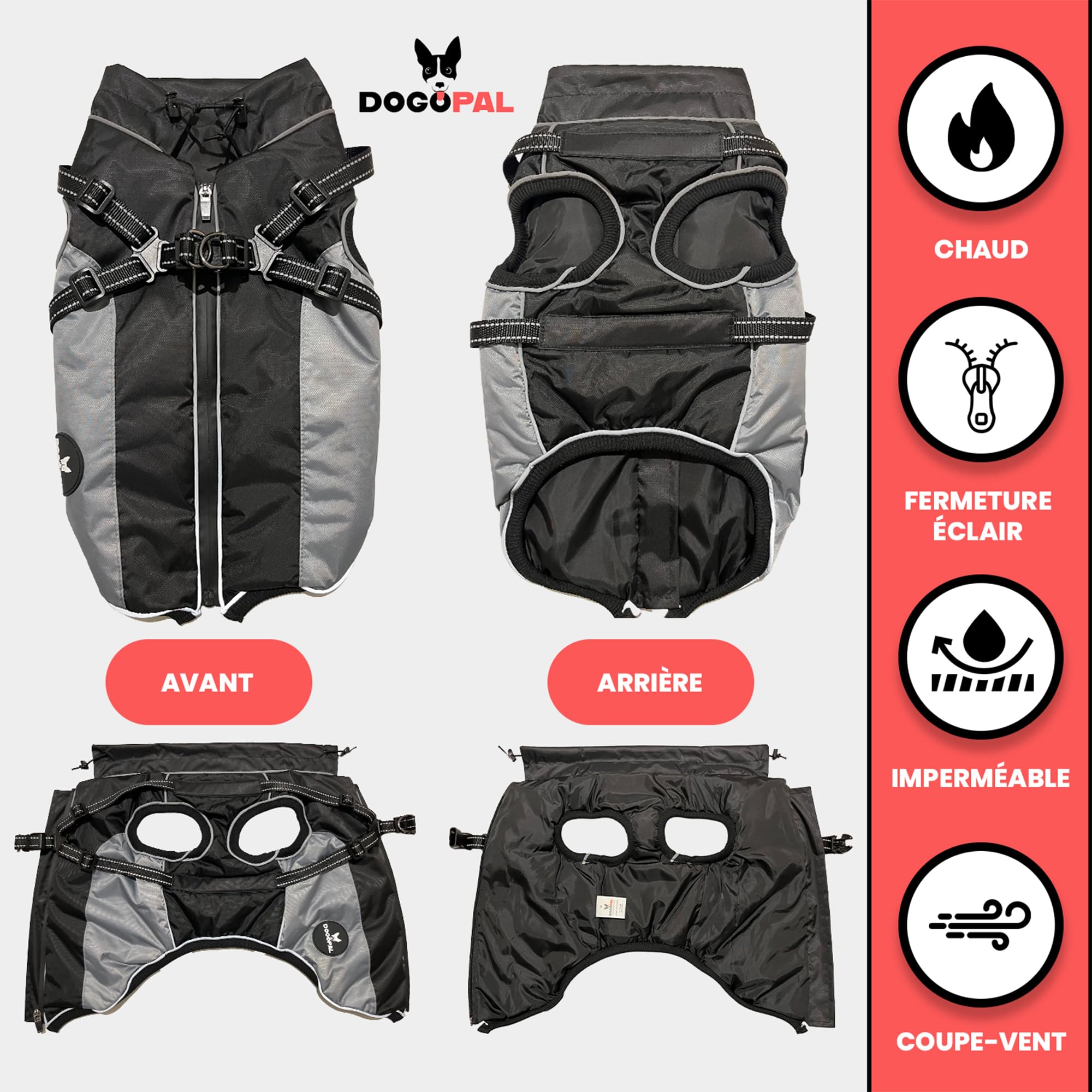 DOGOPAL Manteau Imperméable pour Chien avec Harnais Intégré – Veste de Pluie Réfléchissante, Coupe-Vent et Chaude pour Chien, Veste de Protection pour Petits, Moyens et Grands Chiens (Gris, 45)