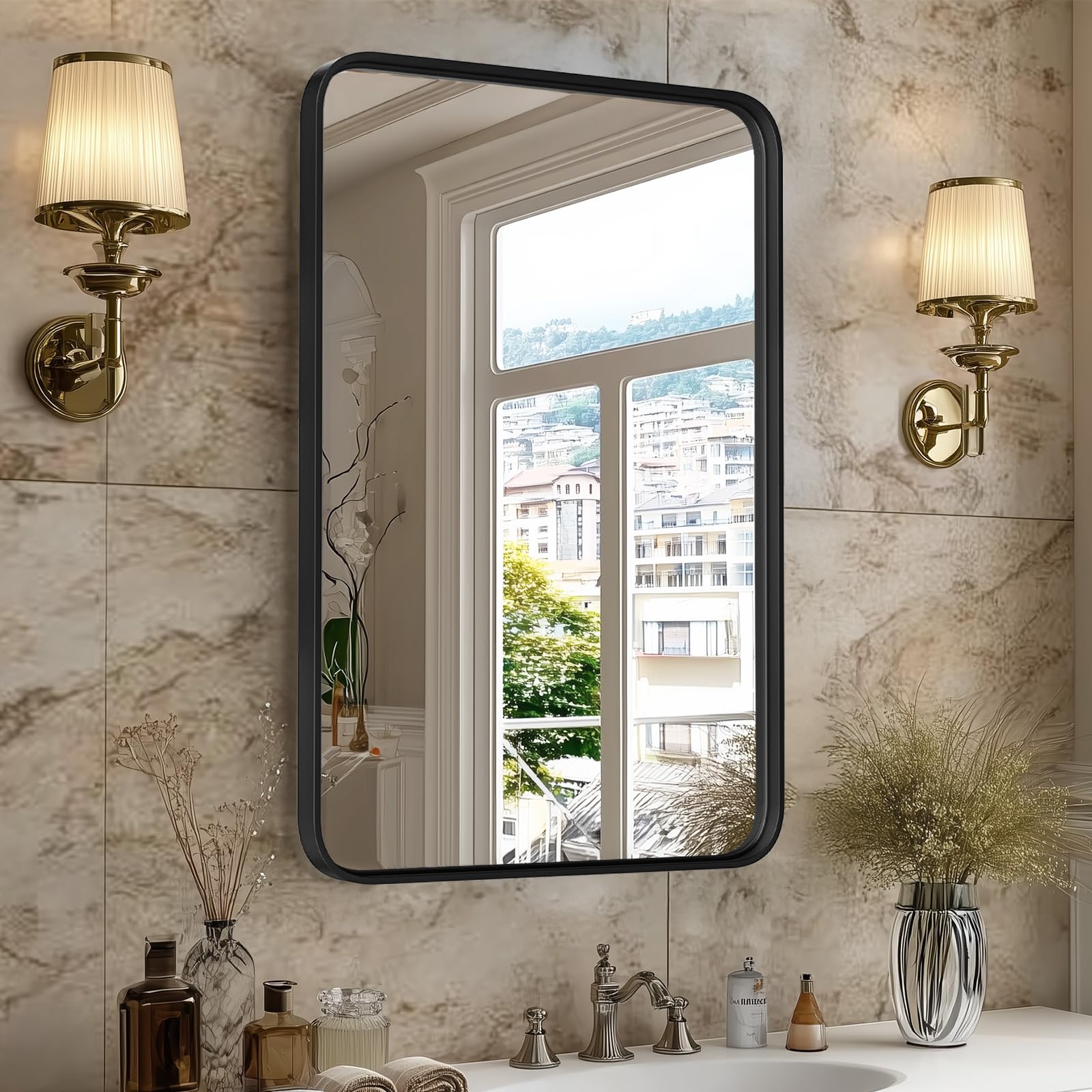 Sweetcrispy Black Bathroom Vanity Mirror for Wall 22 1x30 2 Inch Metal Framed Wall Mirror Farmhouse Rectangle Anti-Rust