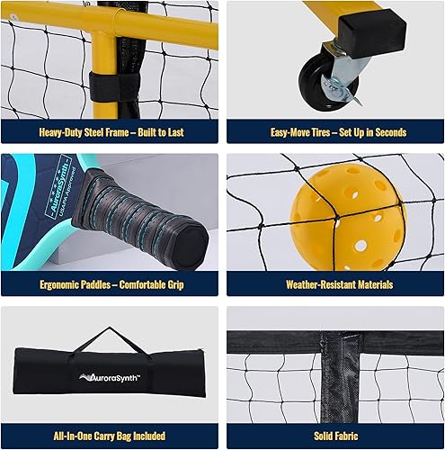 Miniatura 3 de AuroraSynth Juego de pickleball con 4 paletas de pickleball de fibra de vidrio, 4 bolas, red sin nudos de polietileno de 18 capas de 22 pies x 3