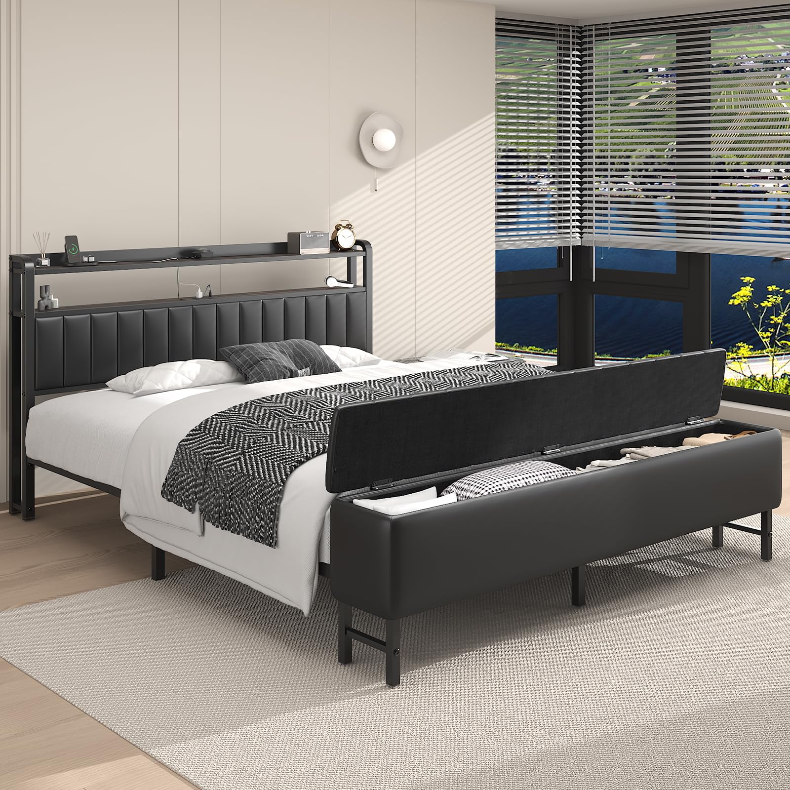 E-Motie Bett 180x200，Polsterbett mit Sternenprojektor, Ladestation und Aufbewahrungsbank， Doppelbettgestell 180 x 200 cm mit Gepolstertes Kopfteil und Lattenrost, Geräuschlos, Modern, Schwarz