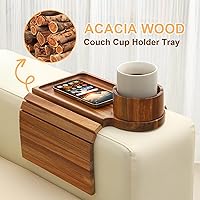Vista 6 de Bandeja para portavasos de sofá, mesa de madera de acacia con soporte para teléfono, bandeja plegable grande para sofá para mesa de aperitivos