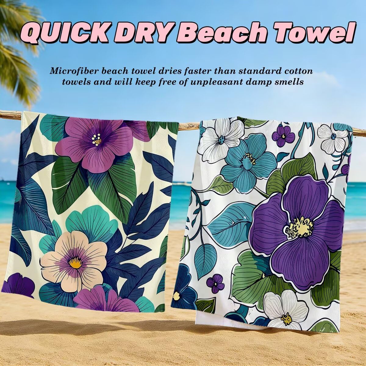 Toalla Playa 90x180 cm, Toalla Gimnasio Microfibra Secado Rapido, Juego de 2 Antiarena Toallas de Playa, Ligera Compacta Toallas Microfibra Grande para Viaje, Regalo Hombre Regalo Mujer (Flor) -4847