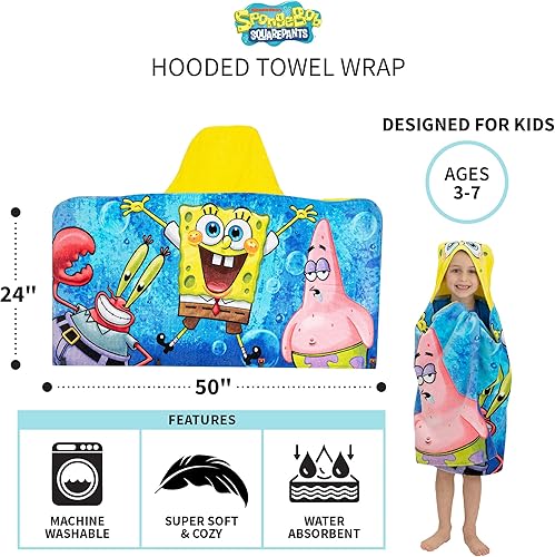 Miniatura 5 de Franco - Toalla de rizo de algodón suave con capucha para niños, para uso en baño y playa, 24 x 50 pulgadas, Bob Esponja