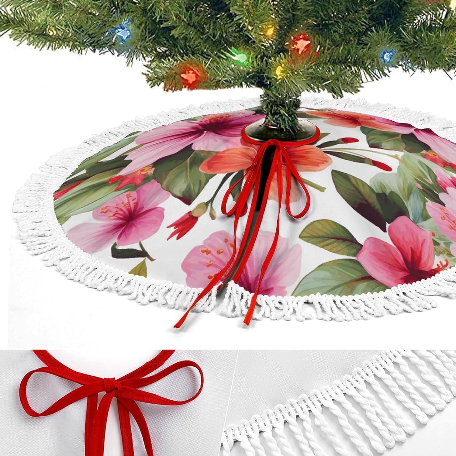 Christmas Tree Skirt Cute Xmas Trees Mat Skirts Personalization Christmas Round Tree Skirts for Holiday Party Decorative Supplies Hawaiian Flower